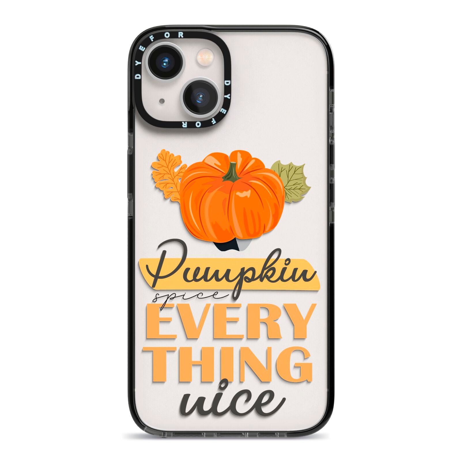 Pumpkin Spice with Caption iPhone 13 Black Impact Case on Silver phone