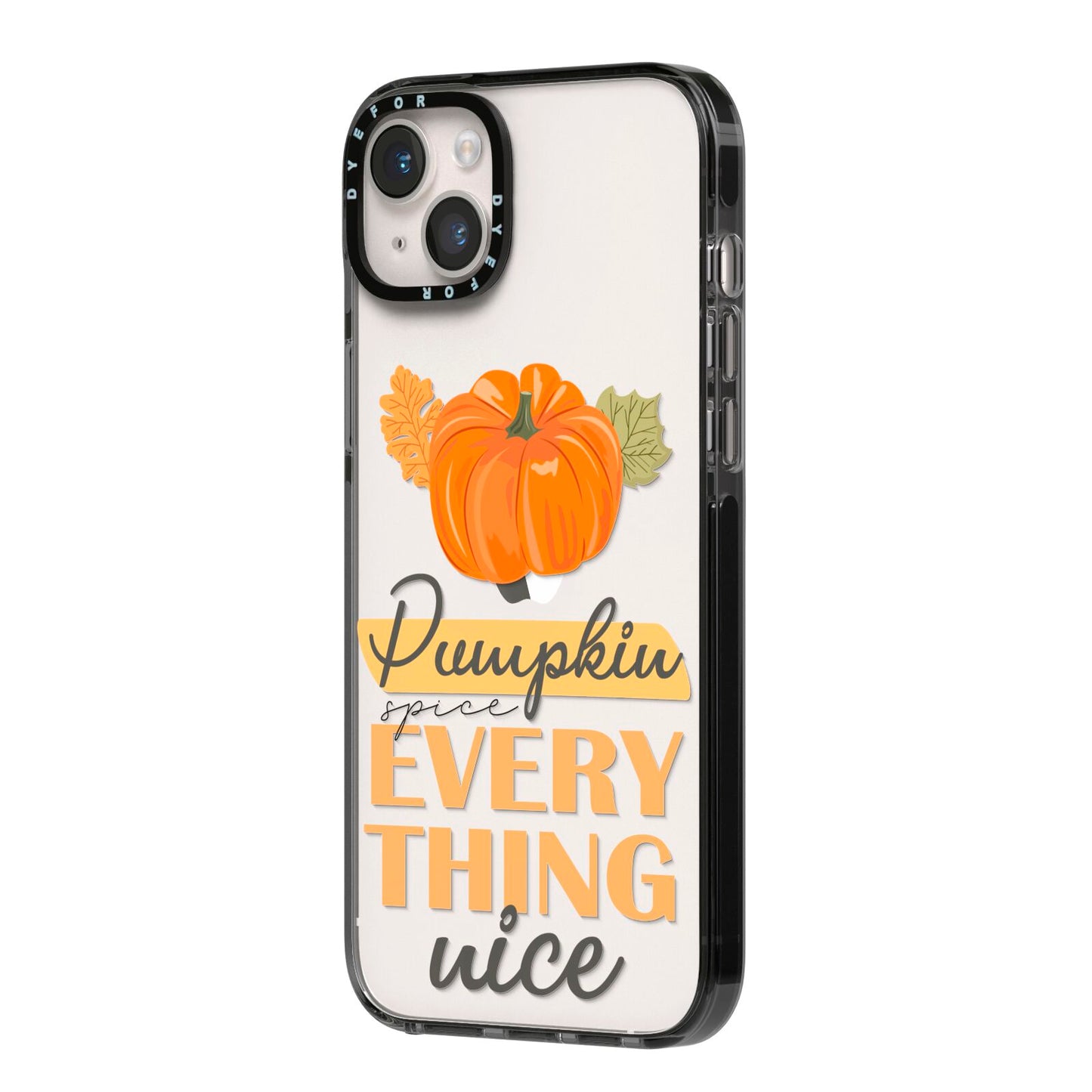 Pumpkin Spice with Caption iPhone 14 Plus Black Impact Case Side Angle on Silver phone