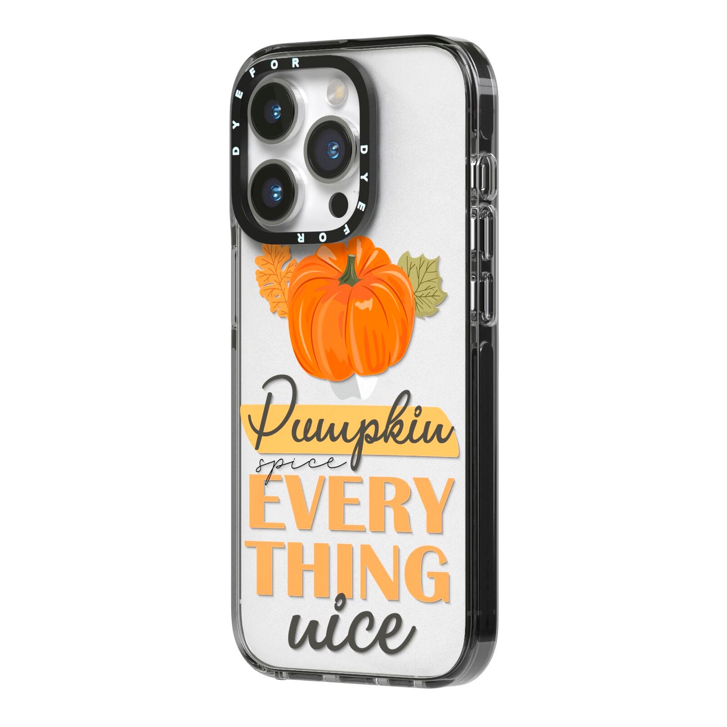 Pumpkin Spice with Caption iPhone 14 Pro Black Impact Case Side Angle on Silver phone