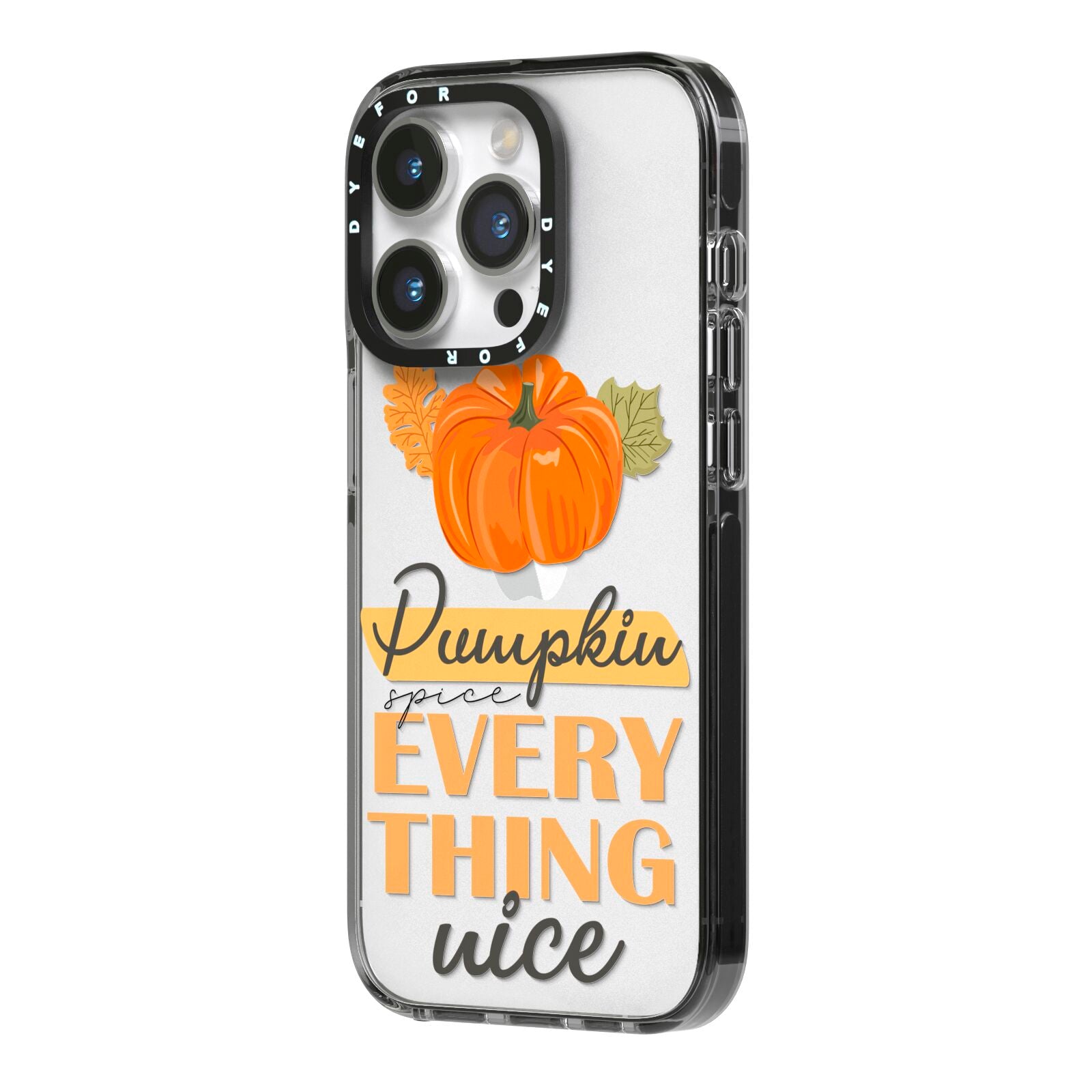 Pumpkin Spice with Caption iPhone 14 Pro Black Impact Case Side Angle on Silver phone