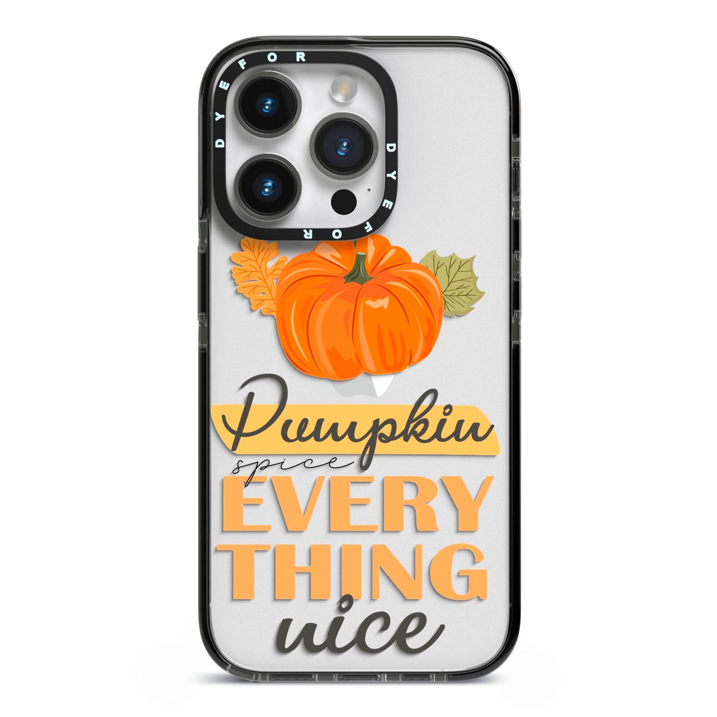 Pumpkin Spice with Caption iPhone 14 Pro Black Impact Case on Silver phone