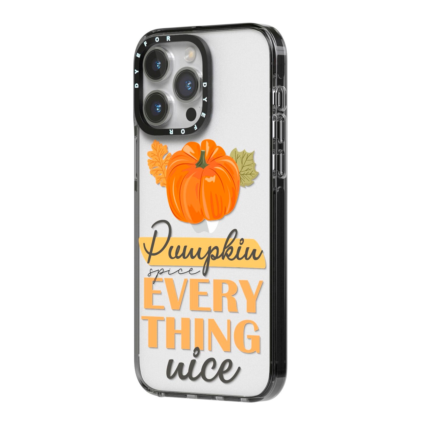 Pumpkin Spice with Caption iPhone 14 Pro Max Black Impact Case Side Angle on Silver phone