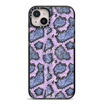 Purple And Blue Snakeskin iPhone 14 Plus Black Impact Case on Silver phone