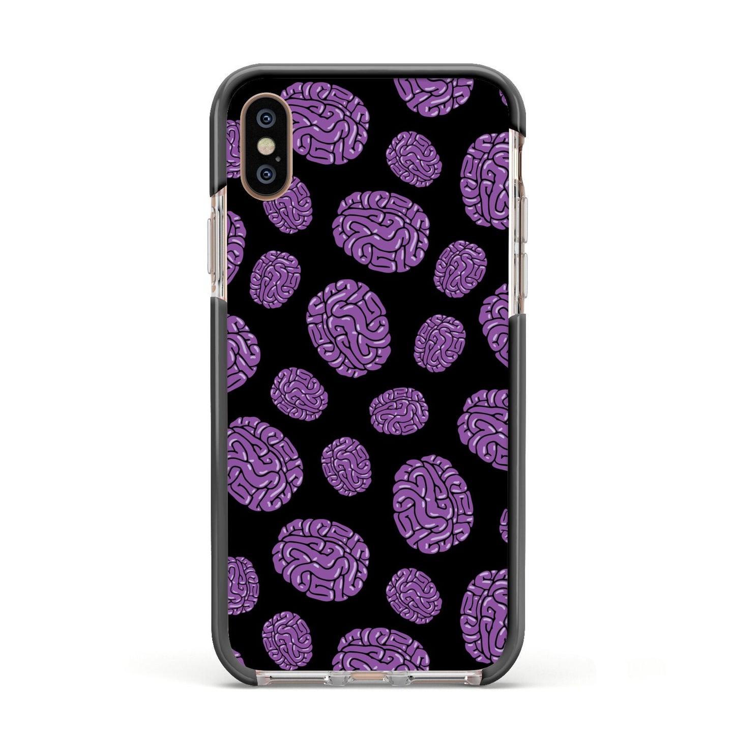 Purple Brains Apple iPhone Xs Impact Case Black Edge on Gold Phone