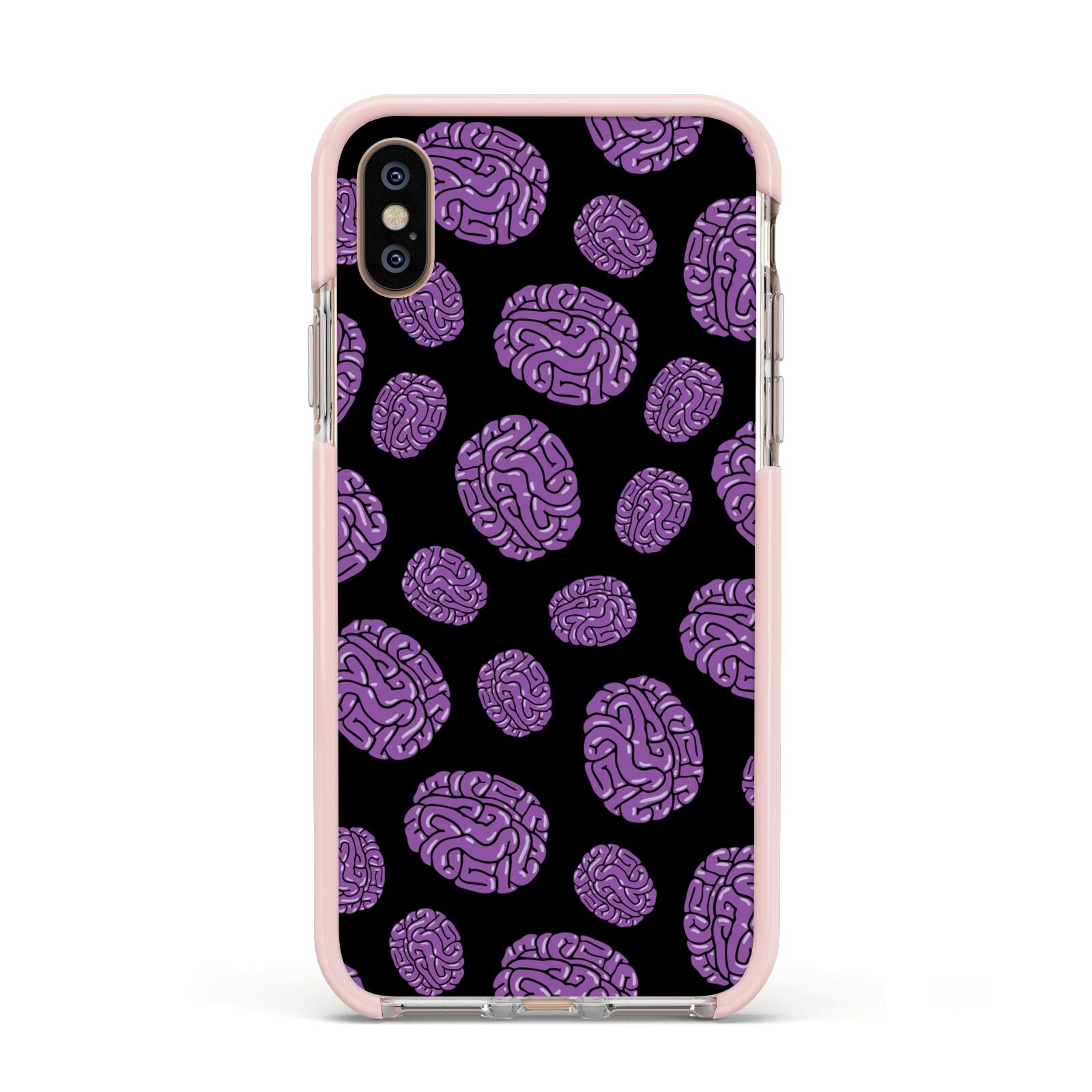 Purple Brains Apple iPhone Xs Impact Case Pink Edge on Gold Phone