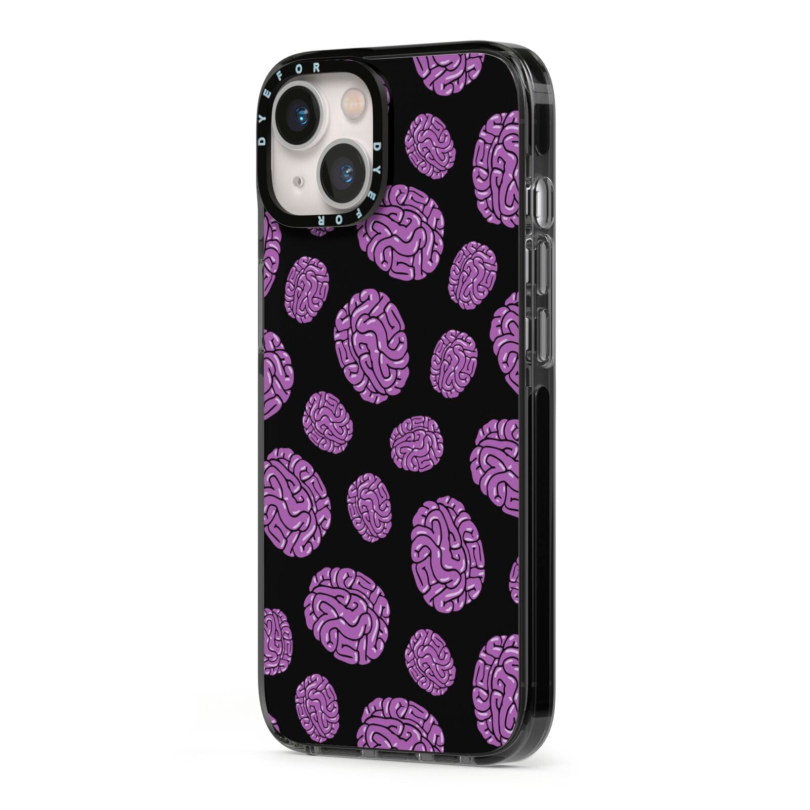 Purple Brains iPhone 13 Black Impact Case Side Angle on Silver phone