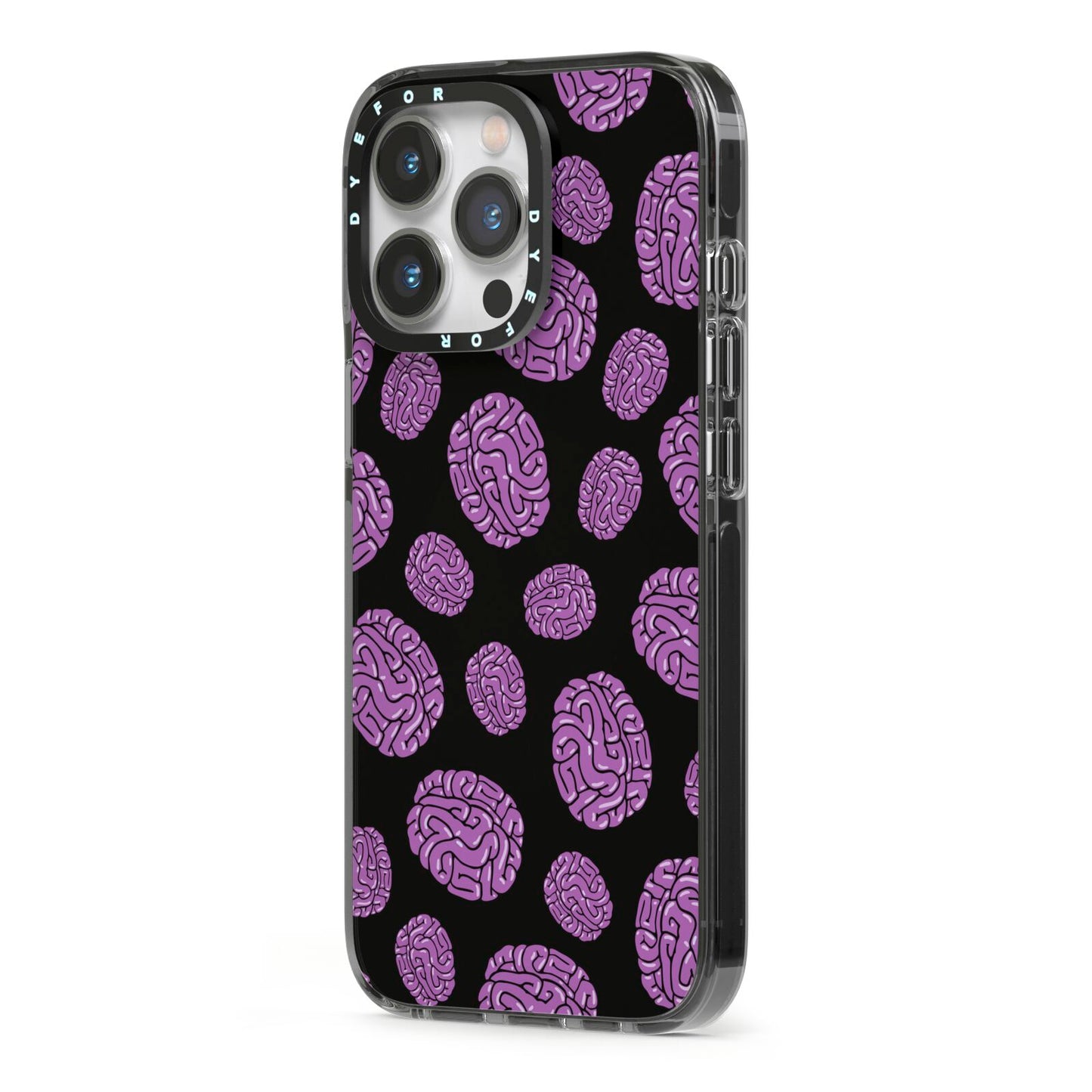 Purple Brains iPhone 13 Pro Black Impact Case Side Angle on Silver phone