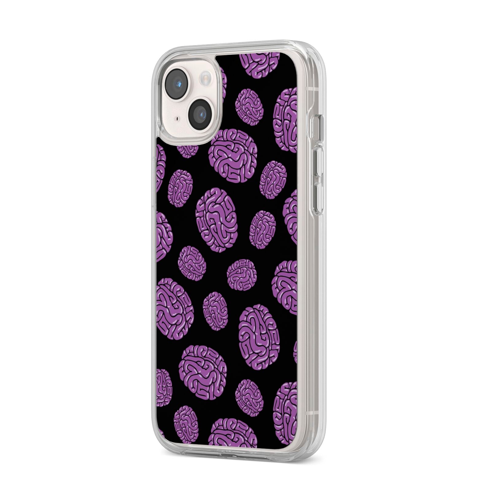 Purple Brains iPhone 14 Plus Clear Tough Case Starlight Angled Image