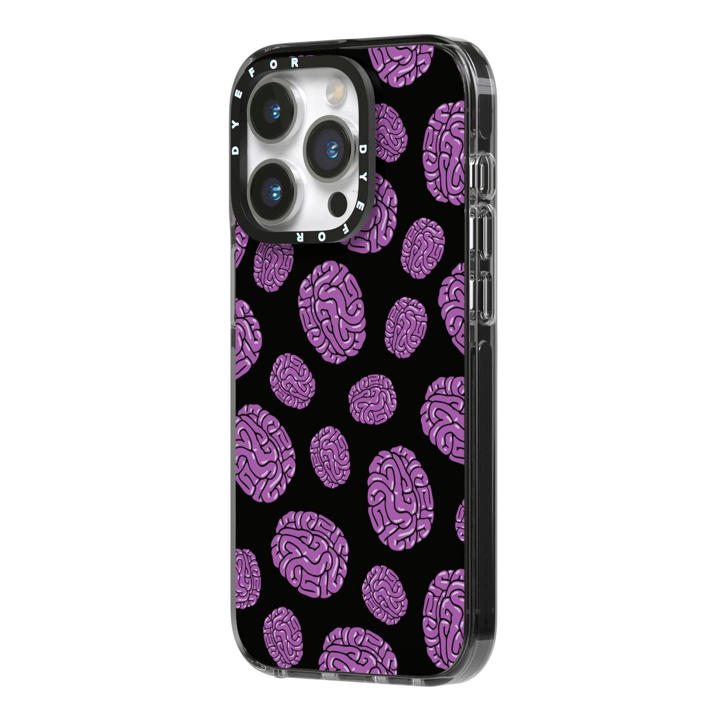 Purple Brains iPhone 14 Pro Black Impact Case Side Angle on Silver phone