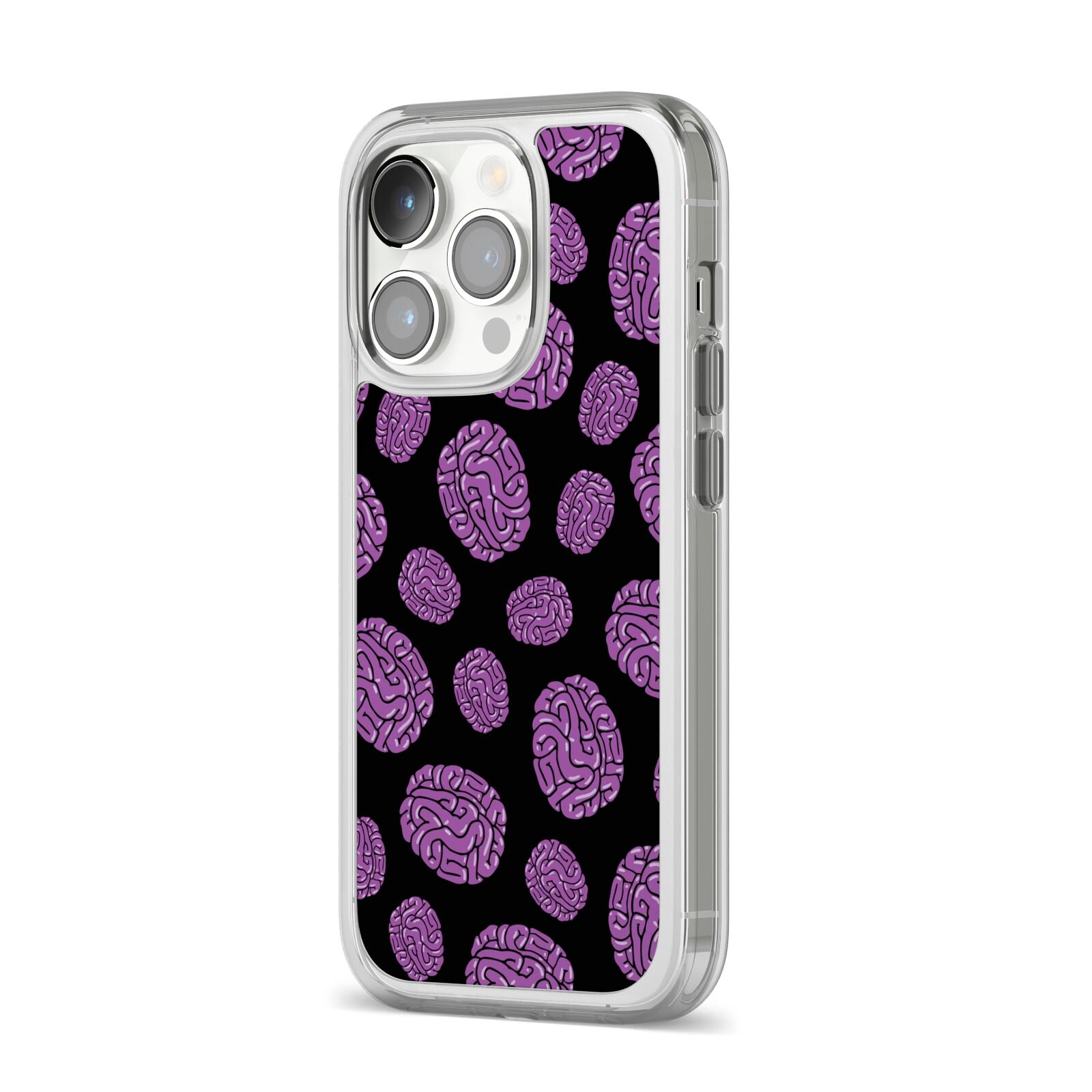Purple Brains iPhone 14 Pro Clear Tough Case Silver Angled Image