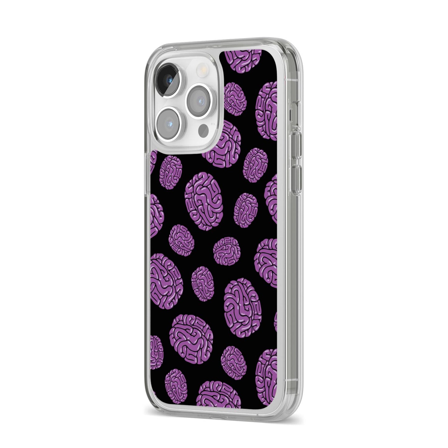 Purple Brains iPhone 14 Pro Max Clear Tough Case Silver Angled Image