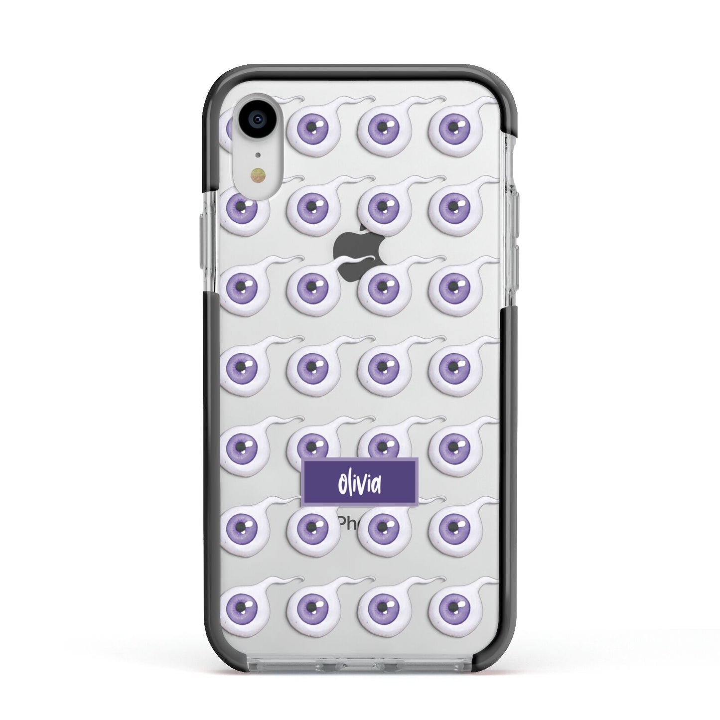 Purple Eyeballs Custom Halloween Apple iPhone XR Impact Case Black Edge on Silver Phone