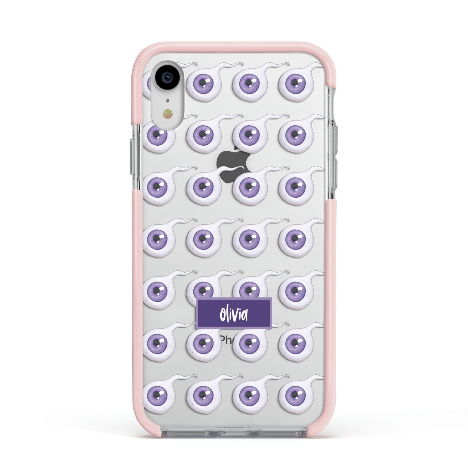 Purple Eyeballs Custom Halloween Apple iPhone XR Impact Case Pink Edge on Silver Phone