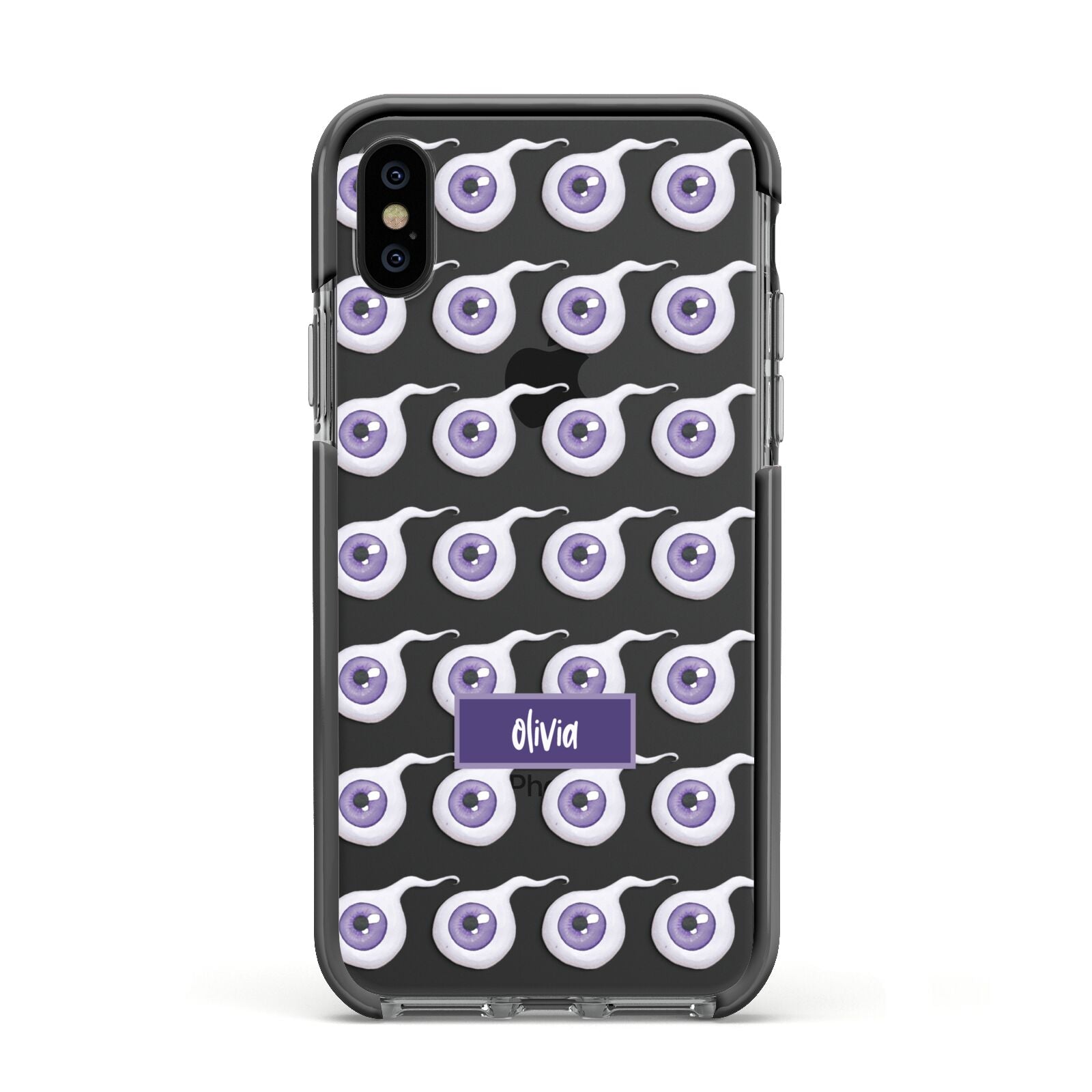 Purple Eyeballs Custom Halloween Apple iPhone Xs Impact Case Black Edge on Black Phone