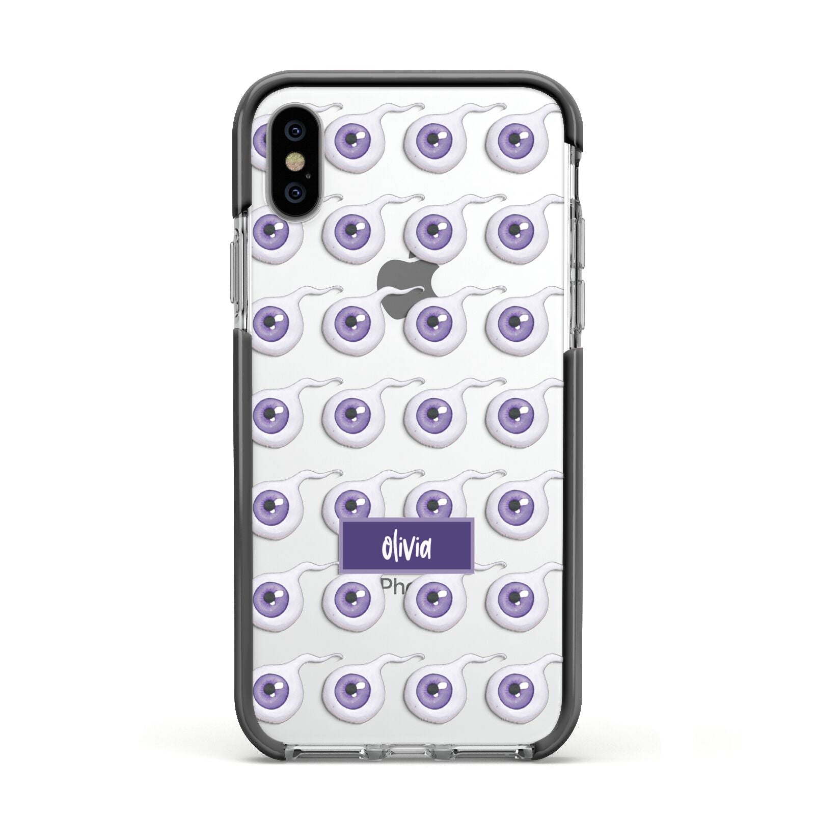 Purple Eyeballs Custom Halloween Apple iPhone Xs Impact Case Black Edge on Silver Phone