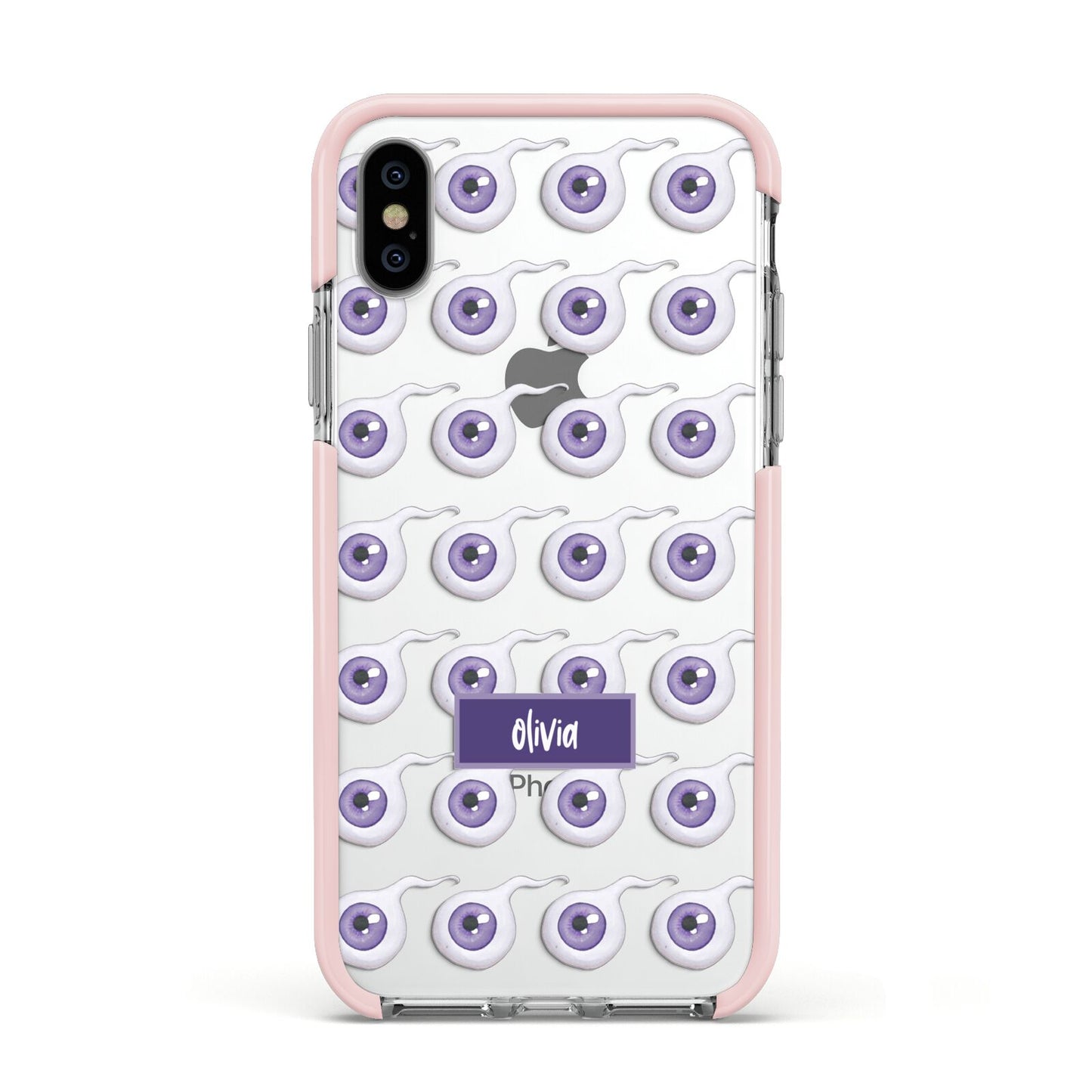 Purple Eyeballs Custom Halloween Apple iPhone Xs Impact Case Pink Edge on Silver Phone