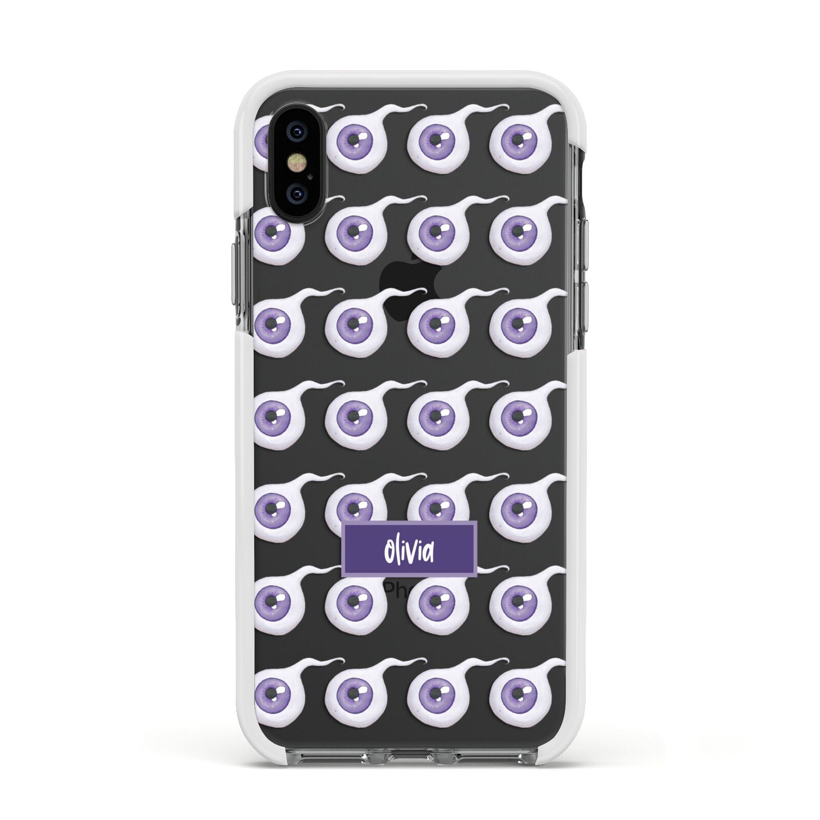 Purple Eyeballs Custom Halloween Apple iPhone Xs Impact Case White Edge on Black Phone