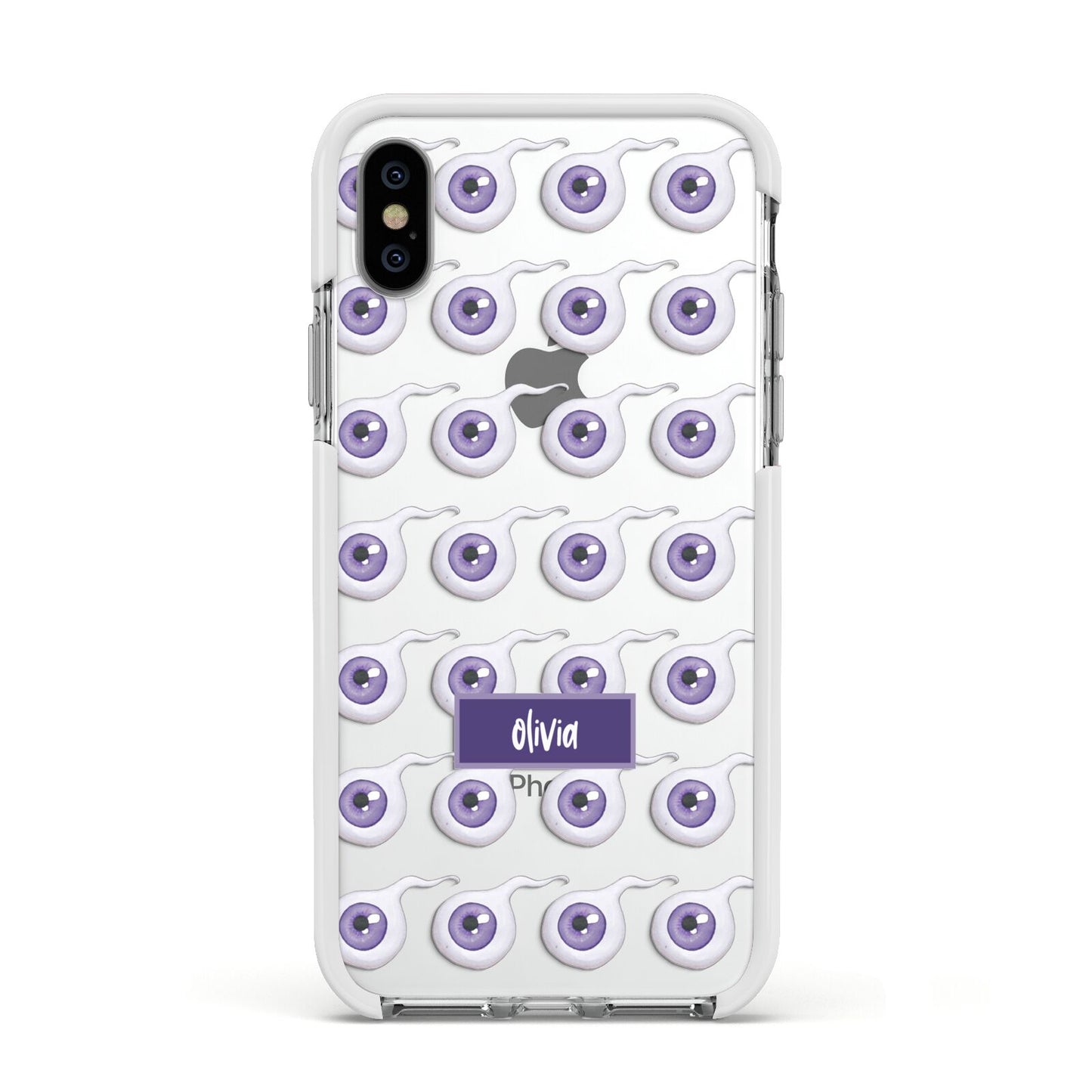 Purple Eyeballs Custom Halloween Apple iPhone Xs Impact Case White Edge on Silver Phone