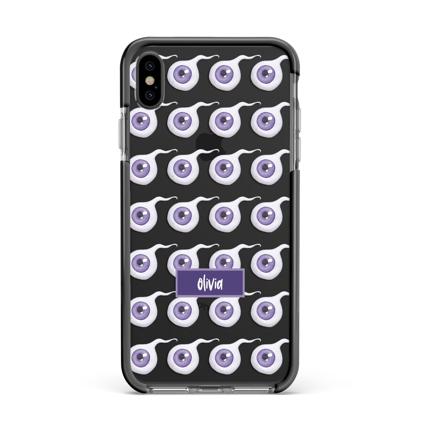 Purple Eyeballs Custom Halloween Apple iPhone Xs Max Impact Case Black Edge on Black Phone