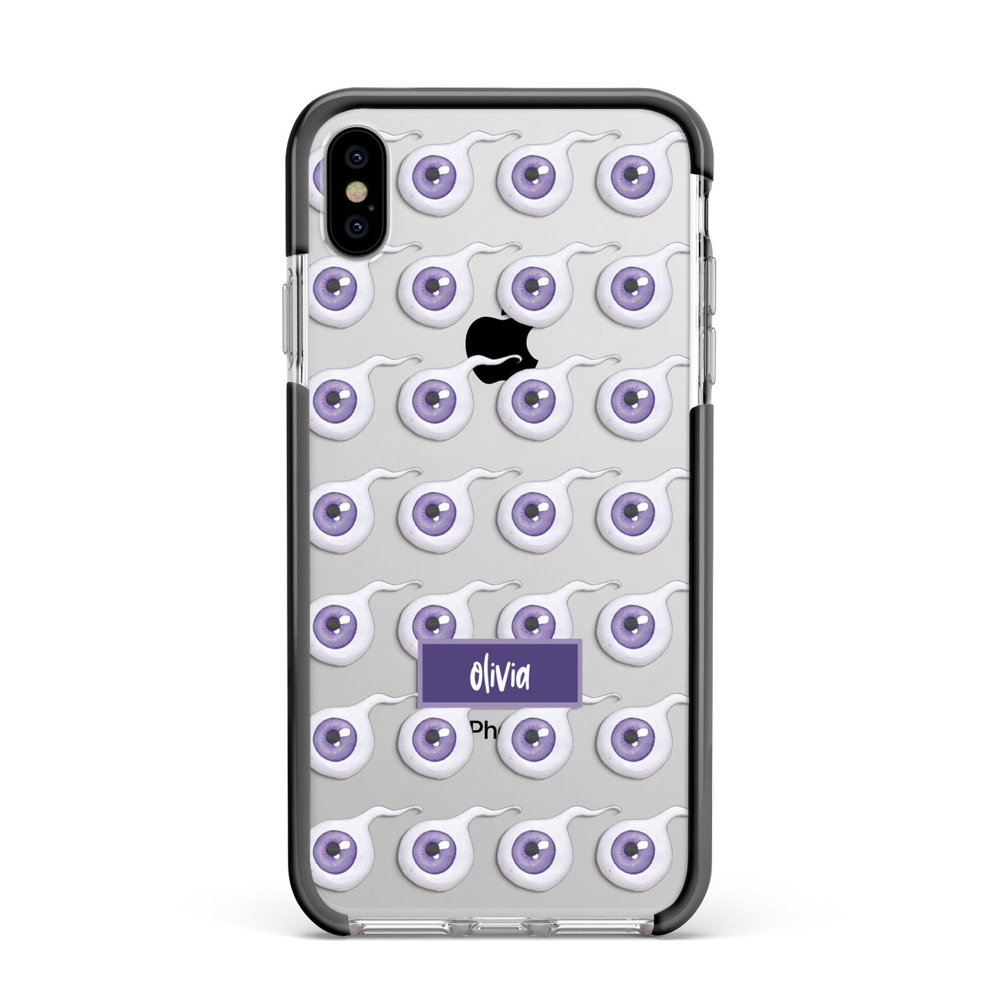 Purple Eyeballs Custom Halloween Apple iPhone Xs Max Impact Case Black Edge on Silver Phone