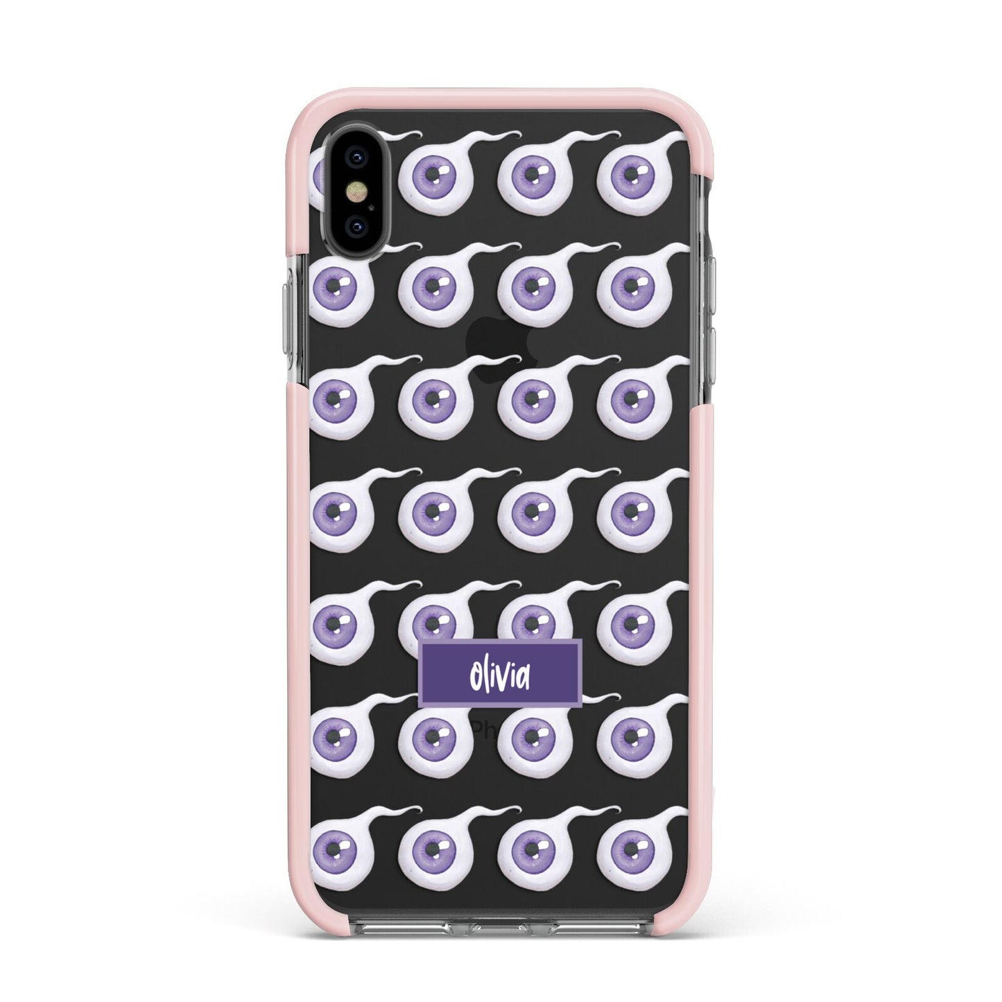 Purple Eyeballs Custom Halloween Apple iPhone Xs Max Impact Case Pink Edge on Black Phone