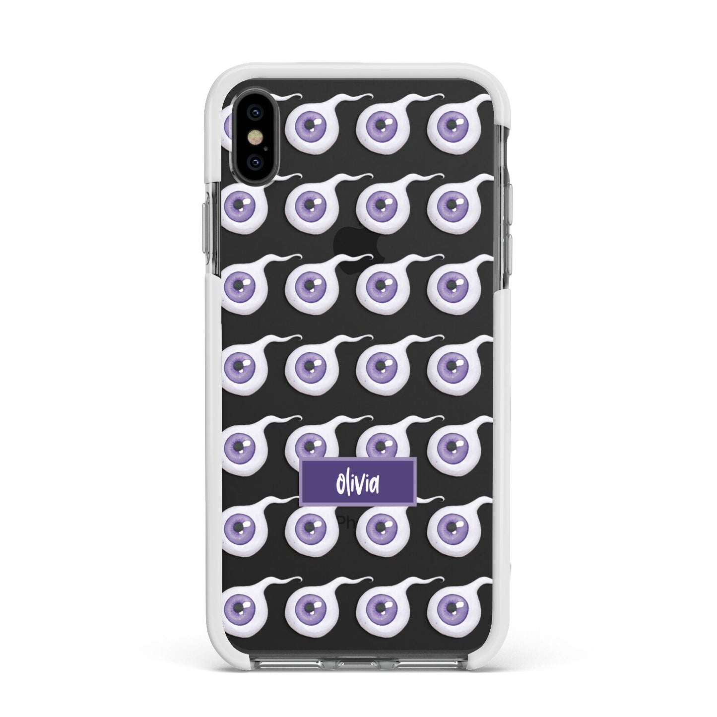 Purple Eyeballs Custom Halloween Apple iPhone Xs Max Impact Case White Edge on Black Phone