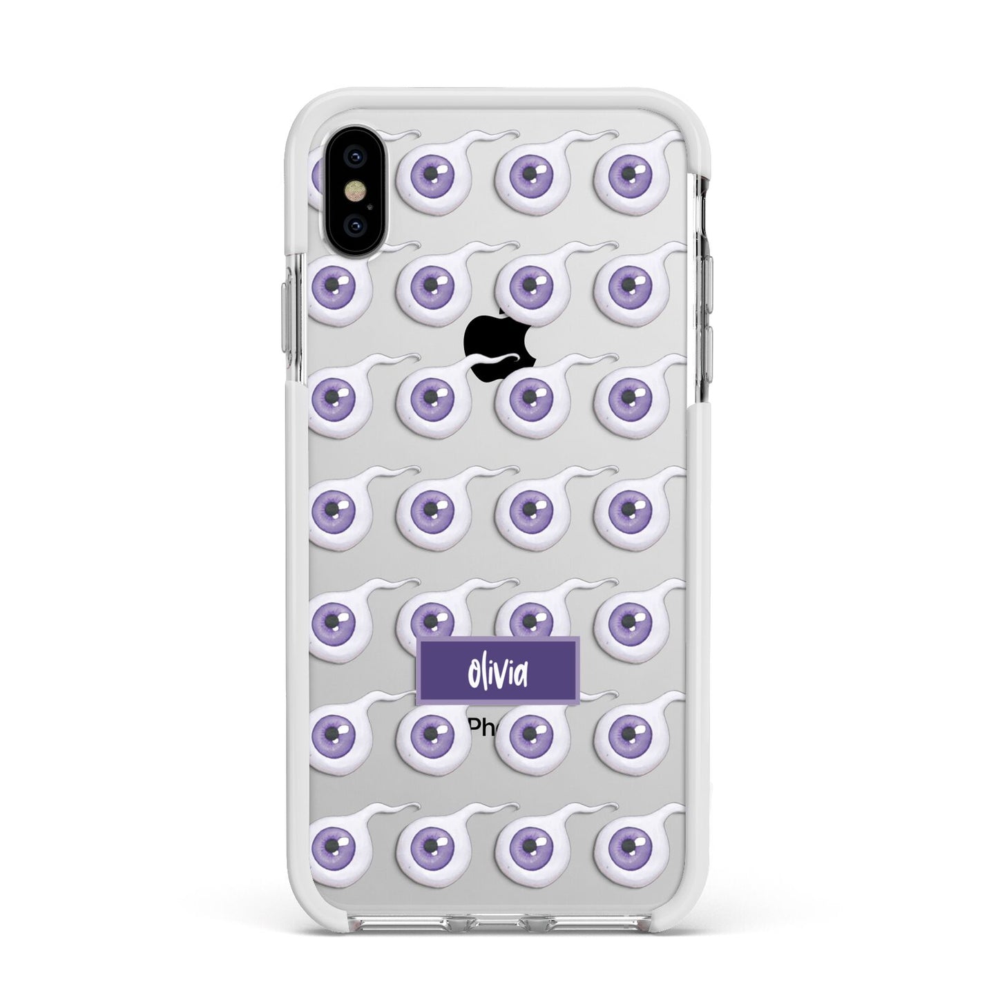 Purple Eyeballs Custom Halloween Apple iPhone Xs Max Impact Case White Edge on Silver Phone