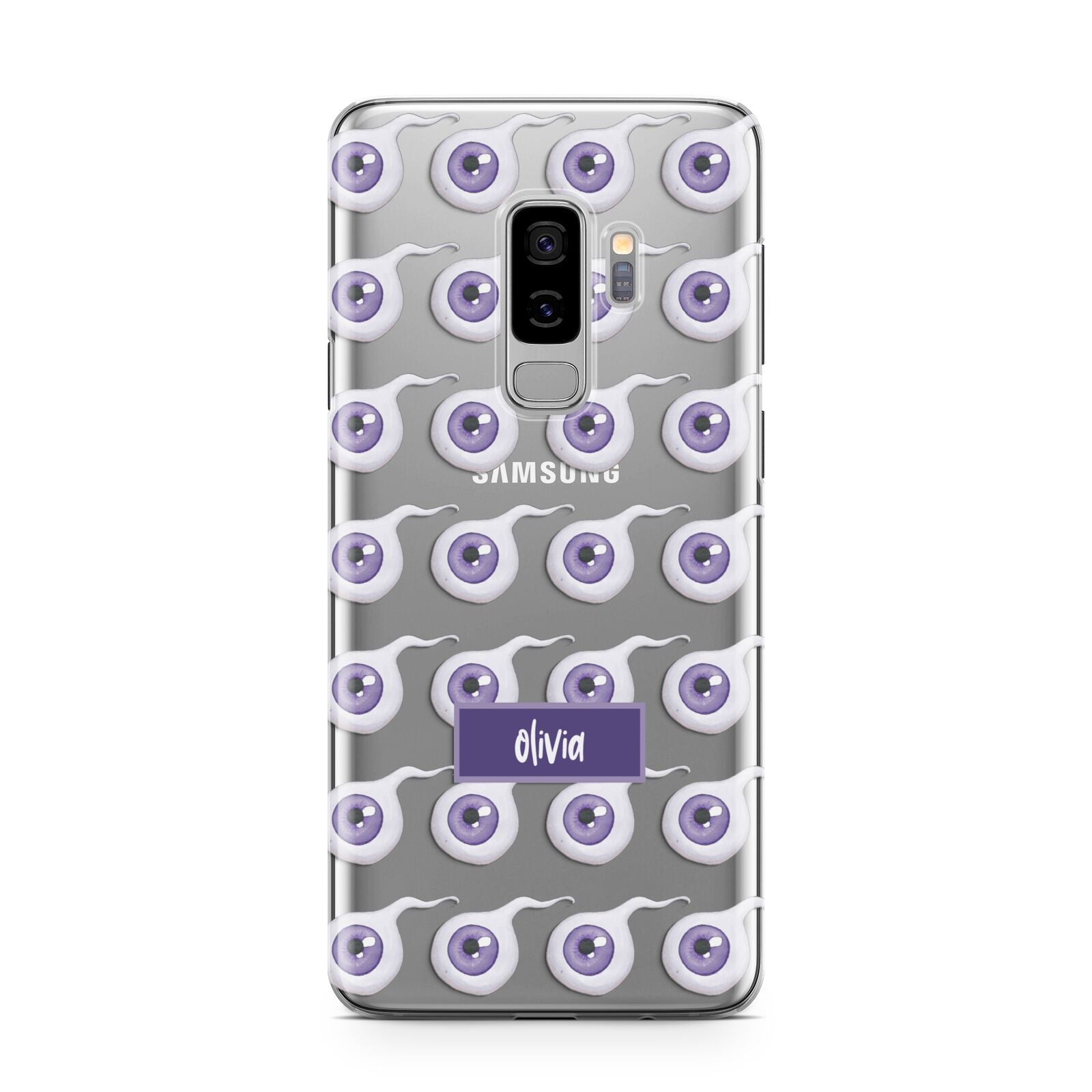 Purple Eyeballs Custom Halloween Samsung Galaxy S9 Plus Case on Silver phone