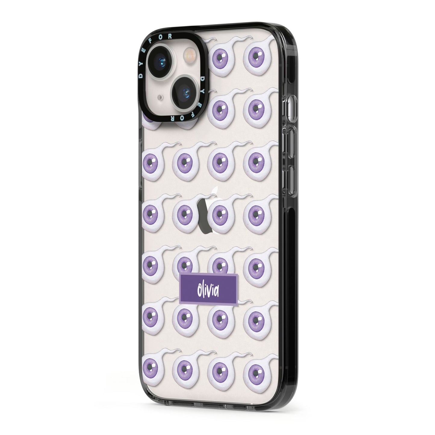 Purple Eyeballs Custom Halloween iPhone 13 Black Impact Case Side Angle on Silver phone