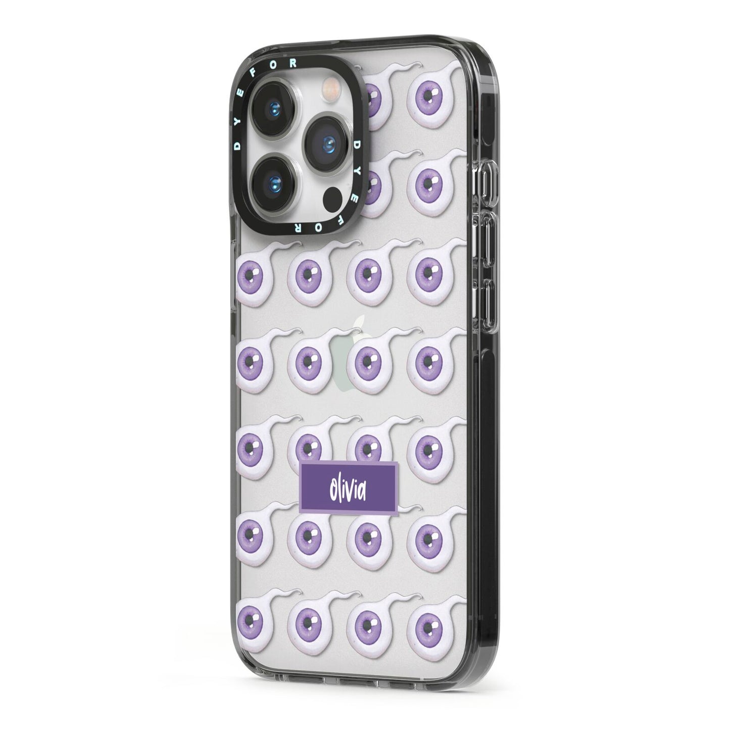 Purple Eyeballs Custom Halloween iPhone 13 Pro Black Impact Case Side Angle on Silver phone