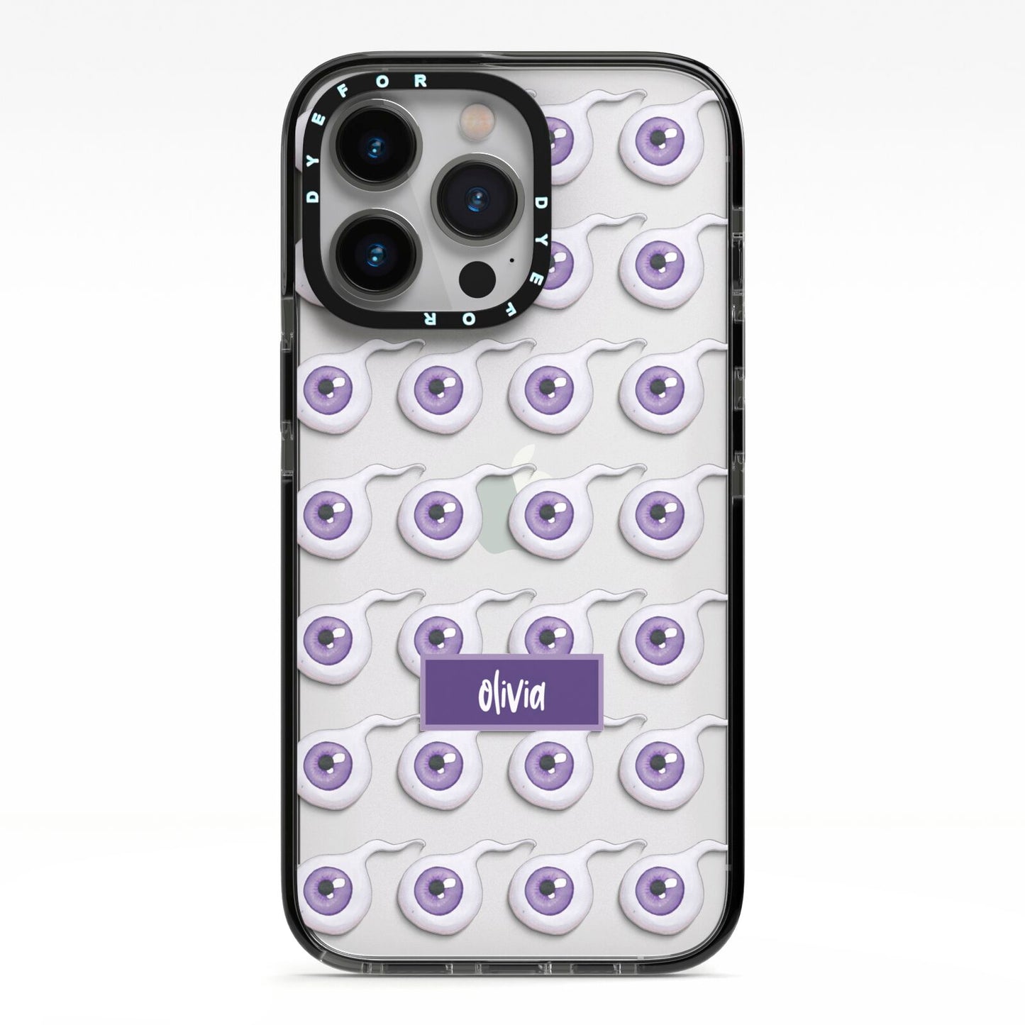 Purple Eyeballs Custom Halloween iPhone 13 Pro Black Impact Case on Silver phone
