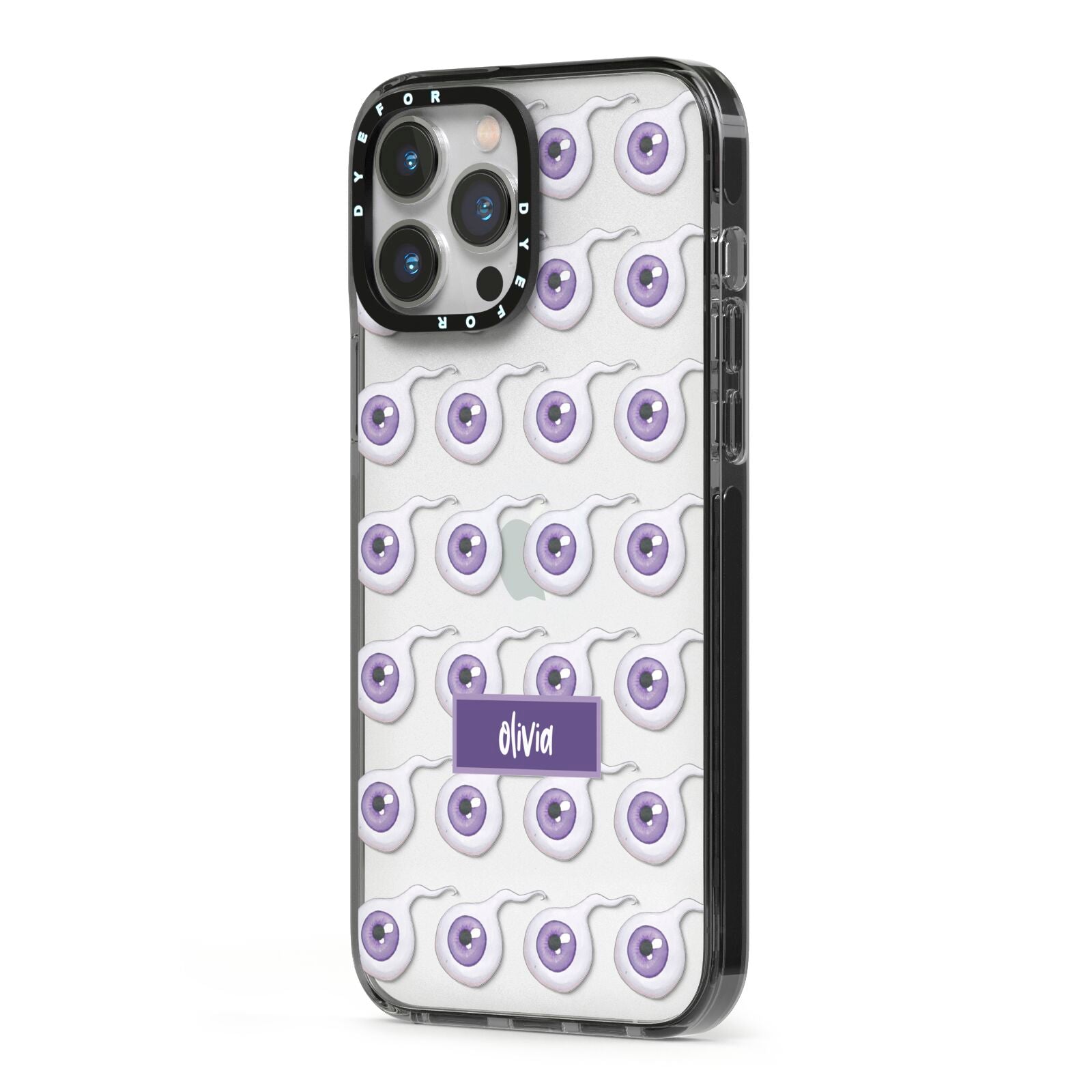 Purple Eyeballs Custom Halloween iPhone 13 Pro Max Black Impact Case Side Angle on Silver phone