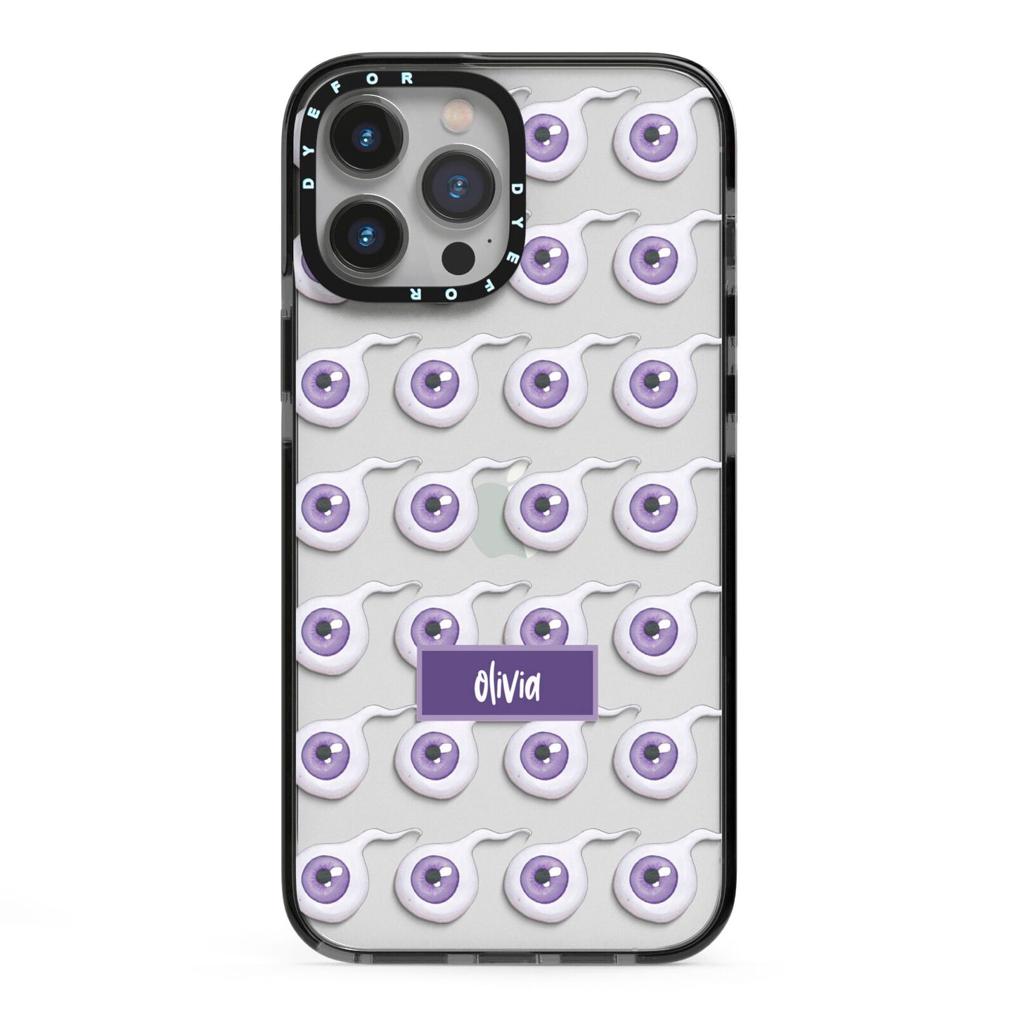 Purple Eyeballs Custom Halloween iPhone 13 Pro Max Black Impact Case on Silver phone