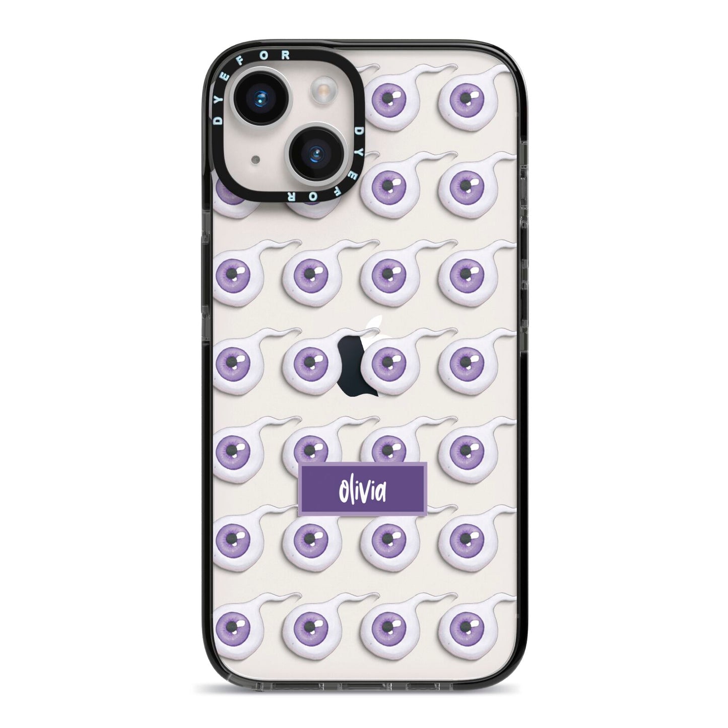 Purple Eyeballs Custom Halloween iPhone 14 Black Impact Case on Silver phone