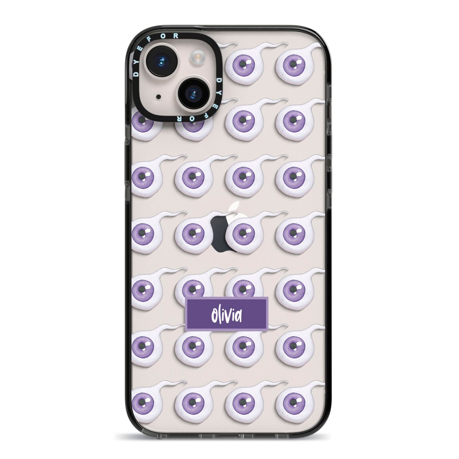 Purple Eyeballs Custom Halloween iPhone 14 Plus Black Impact Case on Silver phone
