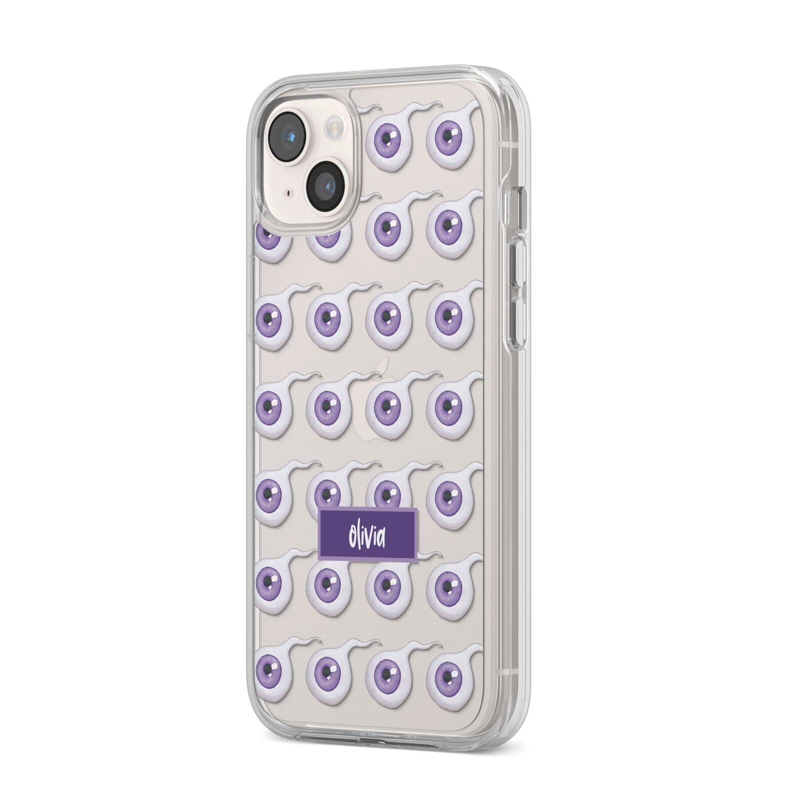 Purple Eyeballs Custom Halloween iPhone 14 Plus Clear Tough Case Starlight Angled Image