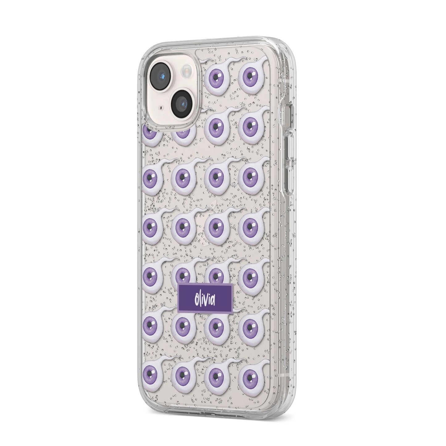 Purple Eyeballs Custom Halloween iPhone 14 Plus Glitter Tough Case Starlight Angled Image