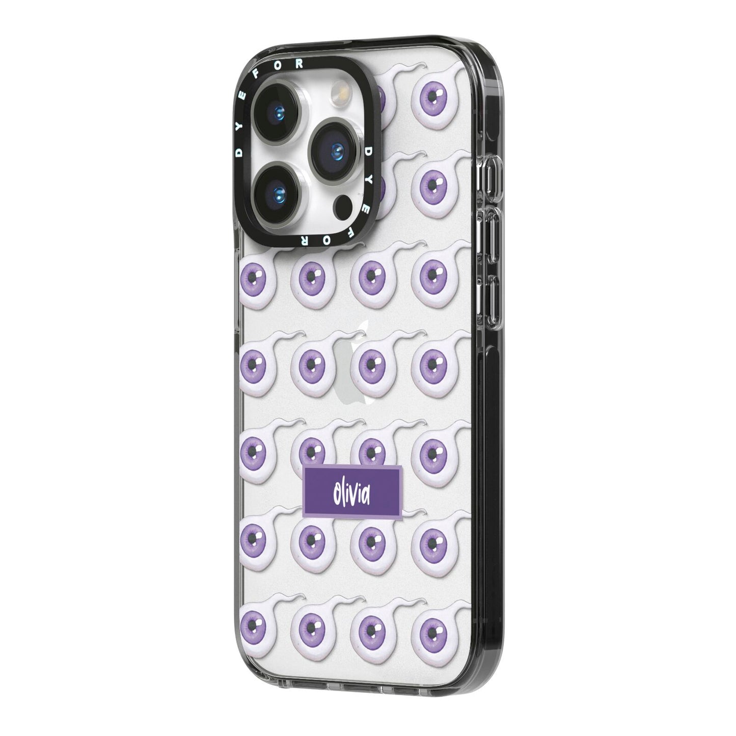 Purple Eyeballs Custom Halloween iPhone 14 Pro Black Impact Case Side Angle on Silver phone