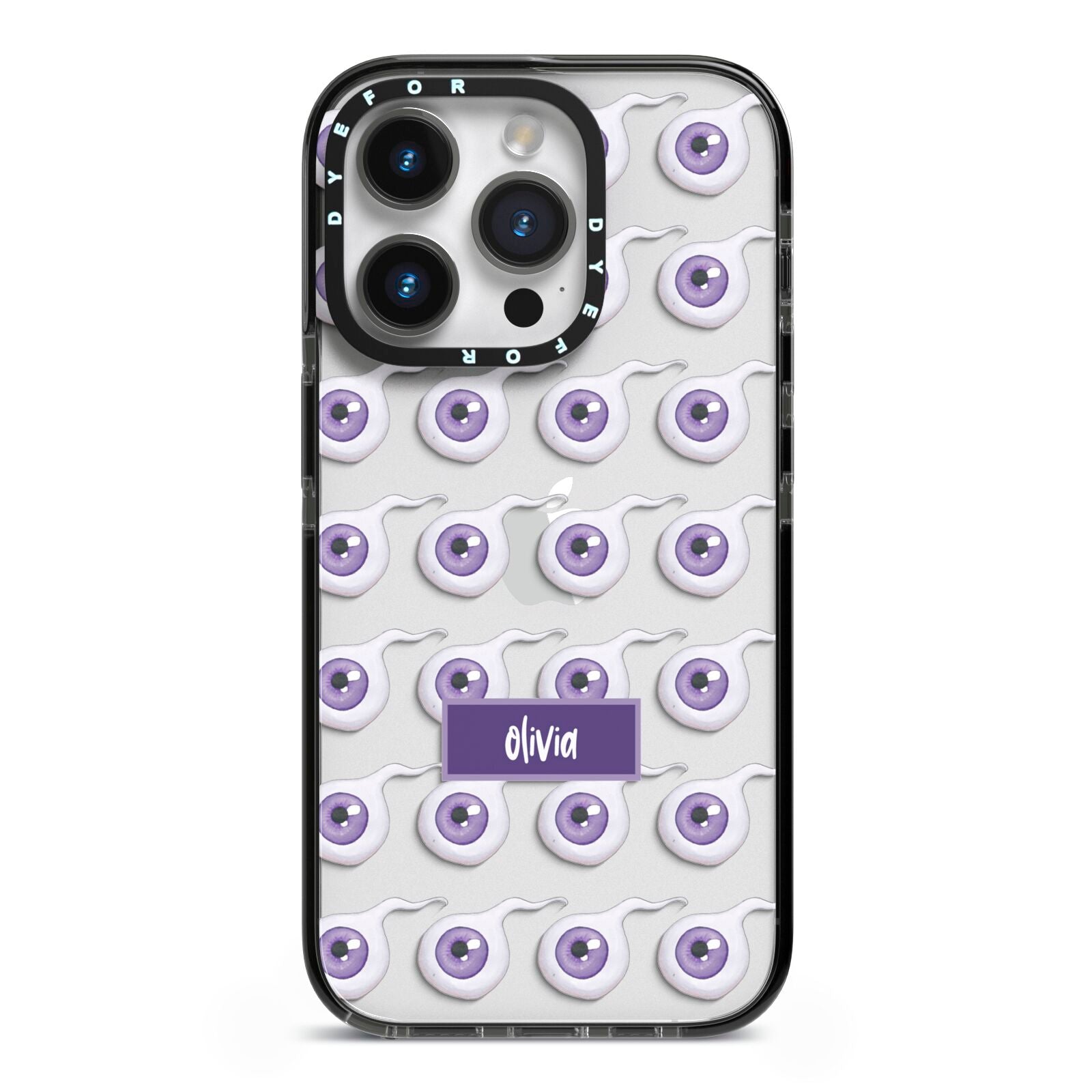 Purple Eyeballs Custom Halloween iPhone 14 Pro Black Impact Case on Silver phone