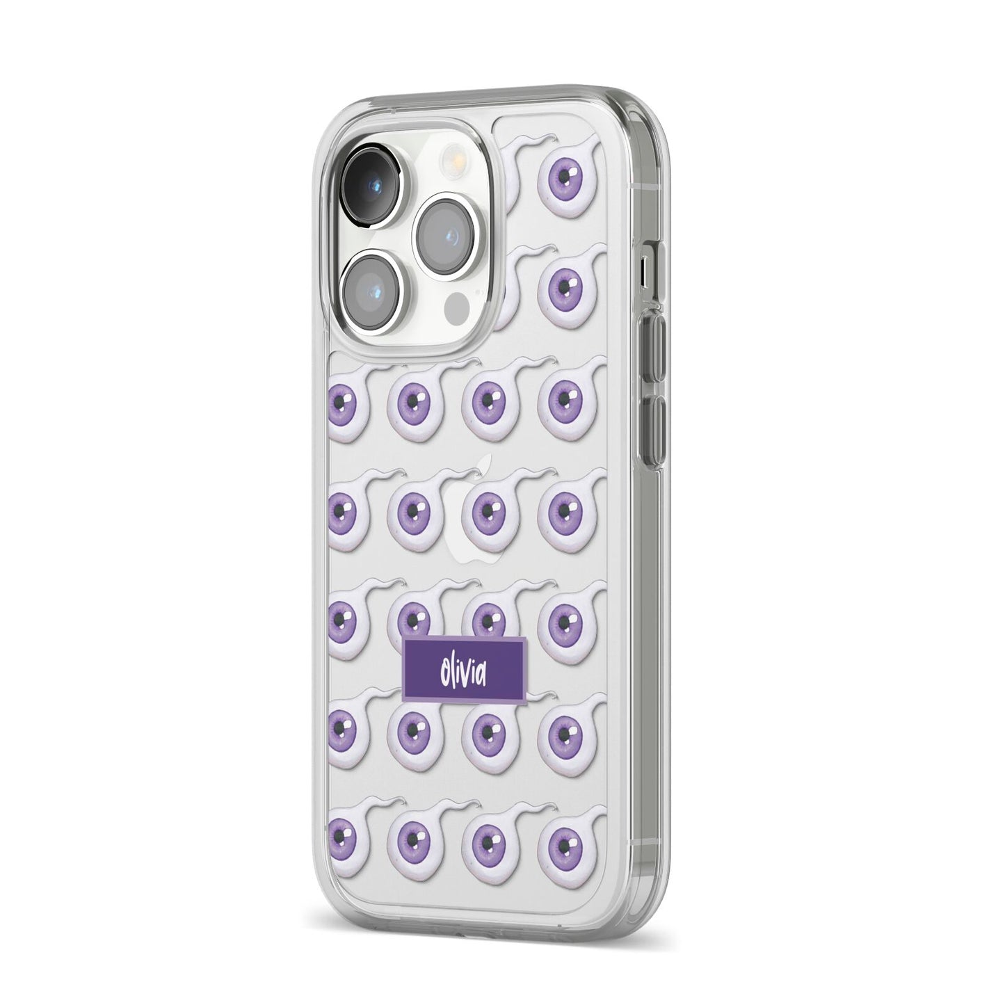 Purple Eyeballs Custom Halloween iPhone 14 Pro Clear Tough Case Silver Angled Image