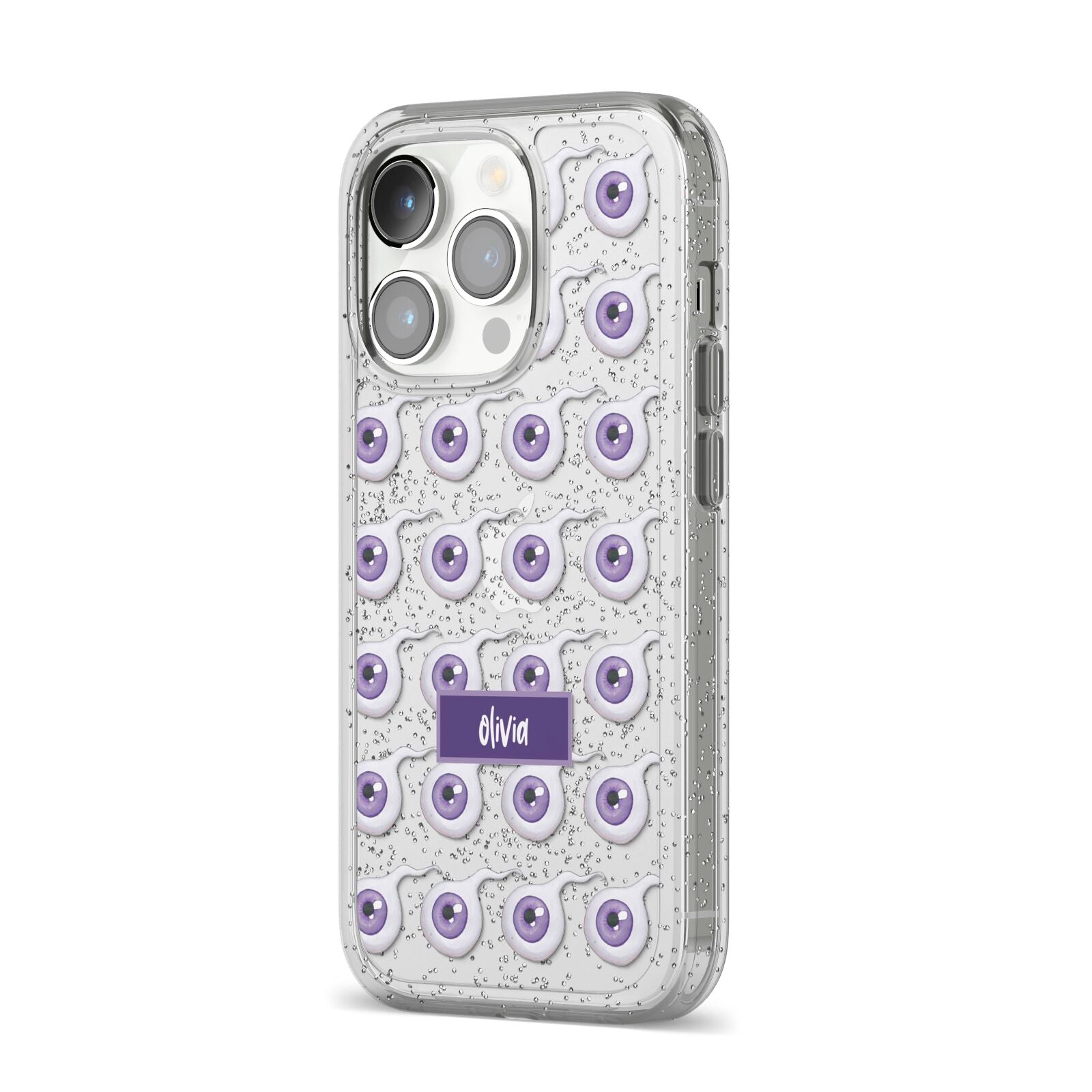 Purple Eyeballs Custom Halloween iPhone 14 Pro Glitter Tough Case Silver Angled Image