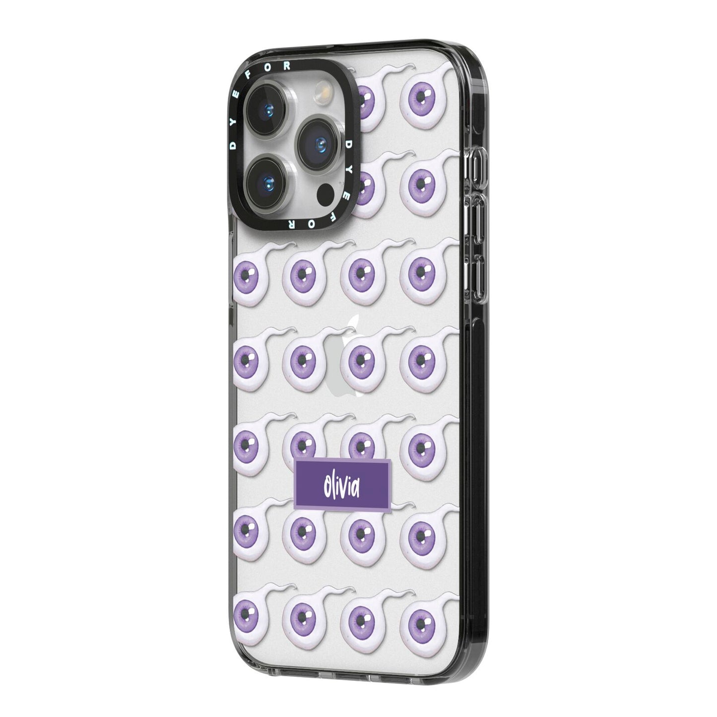 Purple Eyeballs Custom Halloween iPhone 14 Pro Max Black Impact Case Side Angle on Silver phone