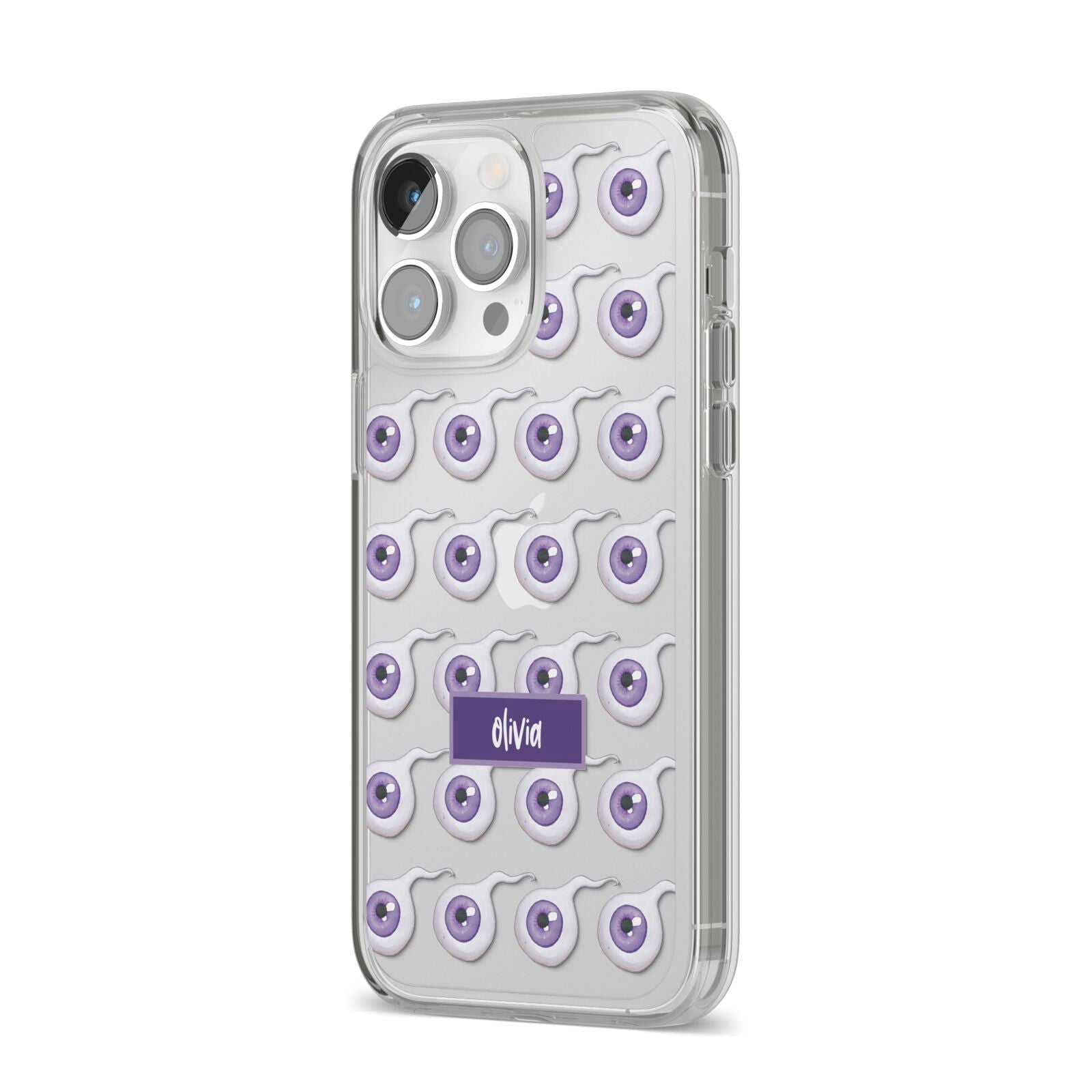 Purple Eyeballs Custom Halloween iPhone 14 Pro Max Clear Tough Case Silver Angled Image