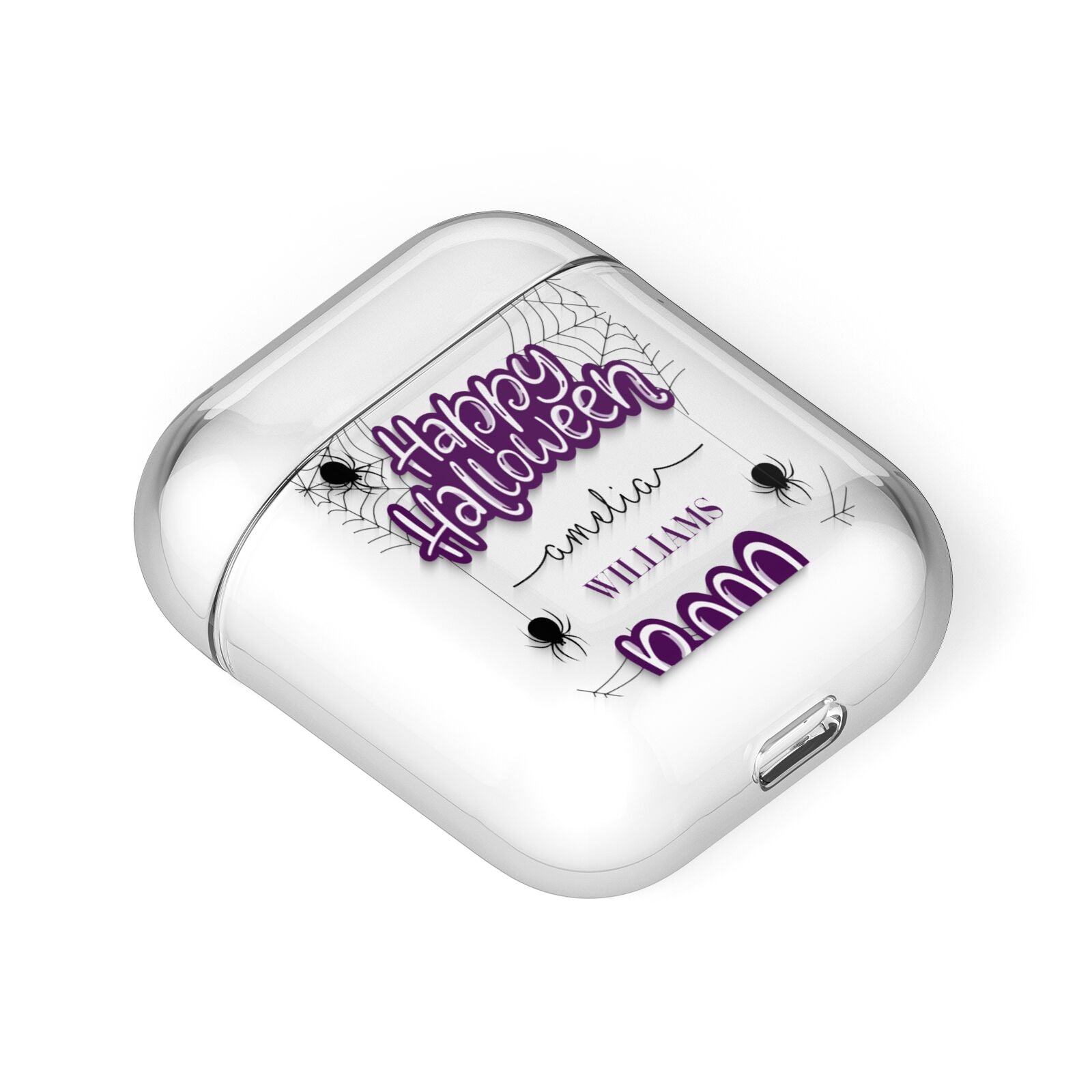 Purple Halloween Catchphrases AirPods Case Laid Flat