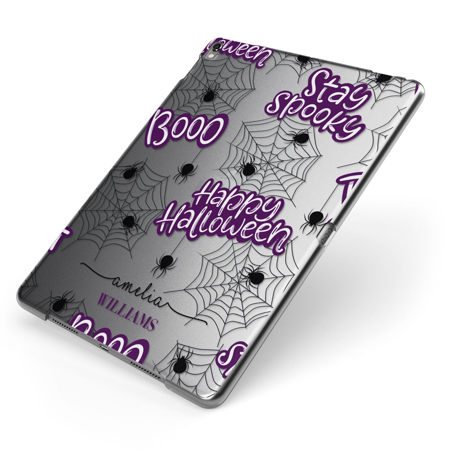 Purple Halloween Catchphrases Apple iPad Case on Grey iPad Side View