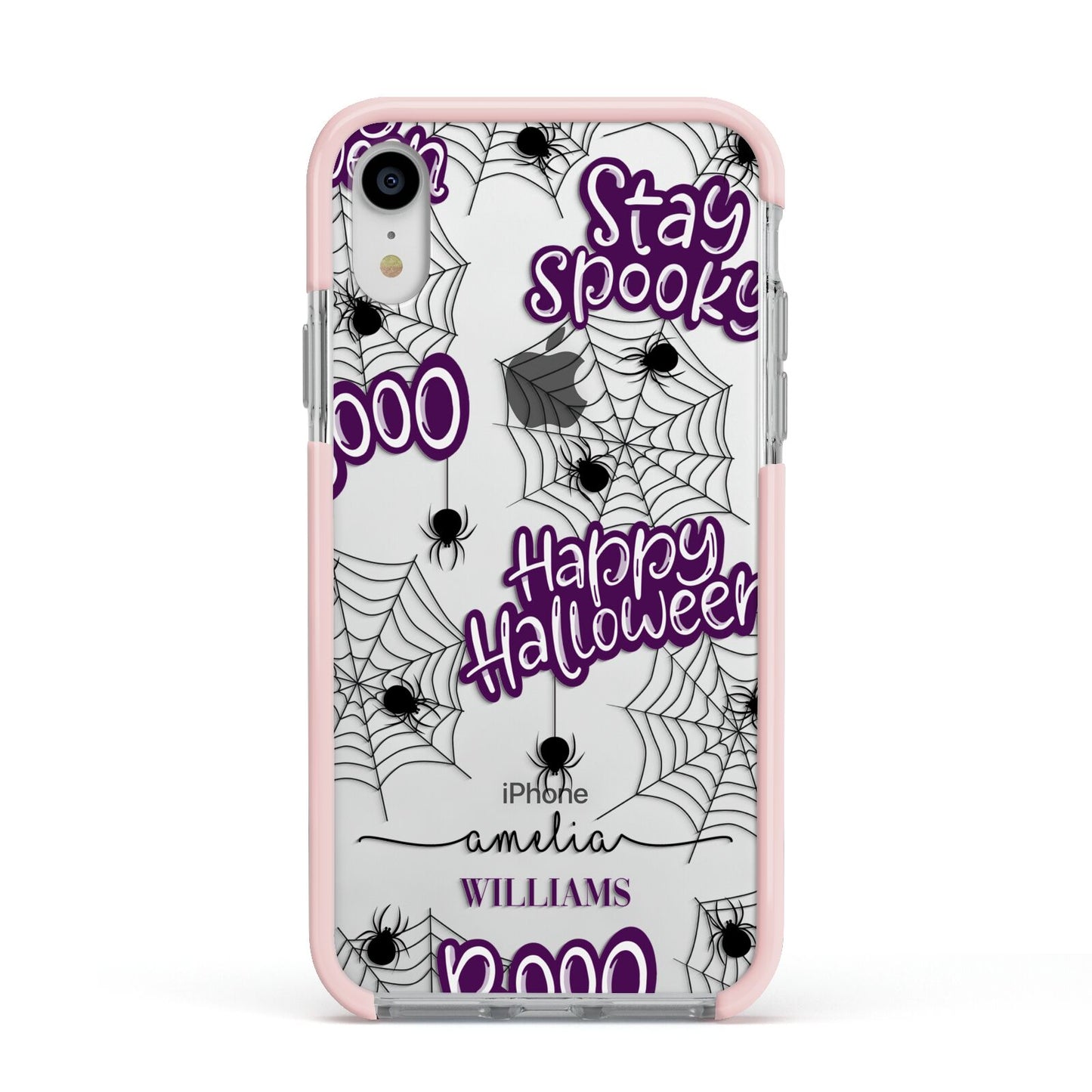 Purple Halloween Catchphrases Apple iPhone XR Impact Case Pink Edge on Silver Phone