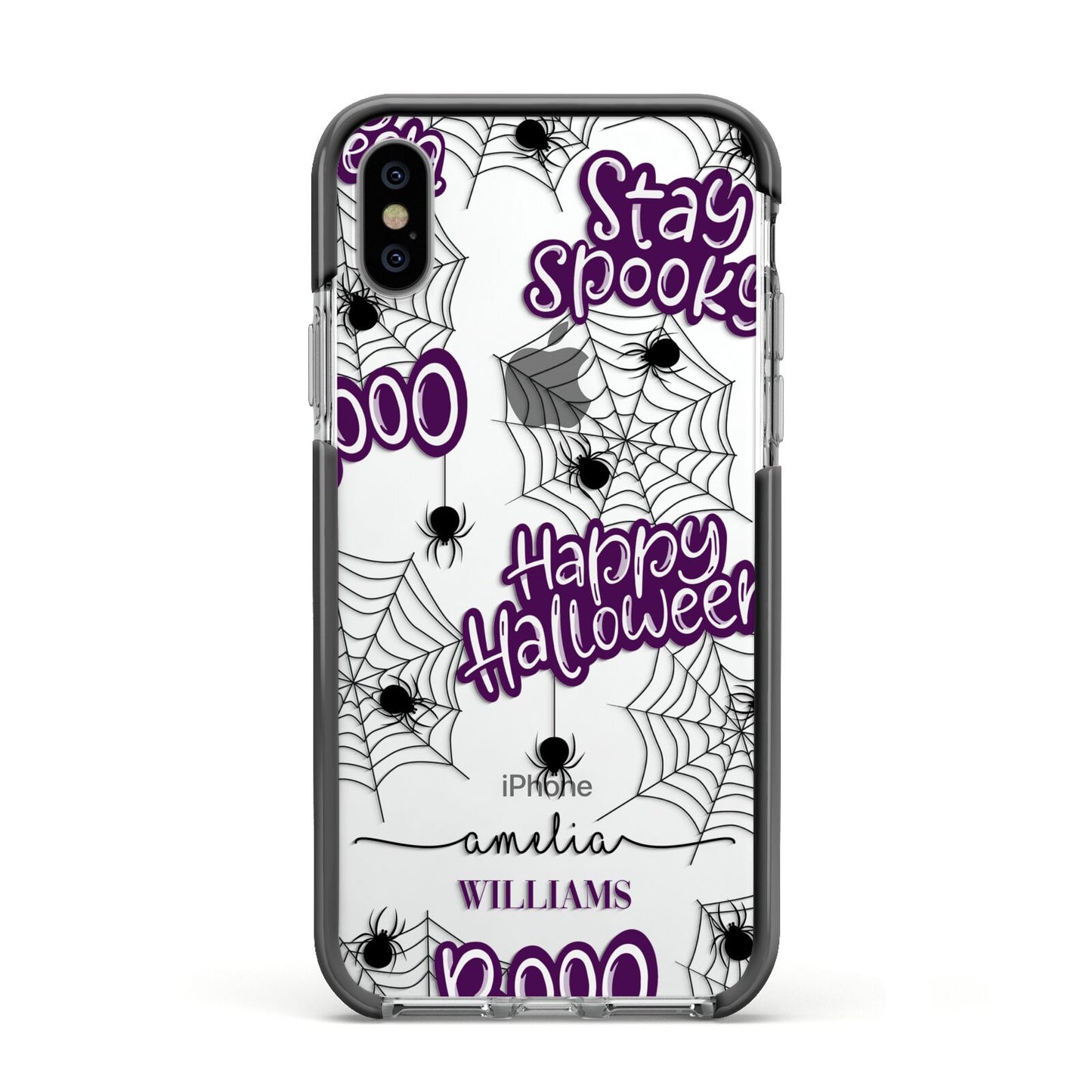 Purple Halloween Catchphrases Apple iPhone Xs Impact Case Black Edge on Silver Phone