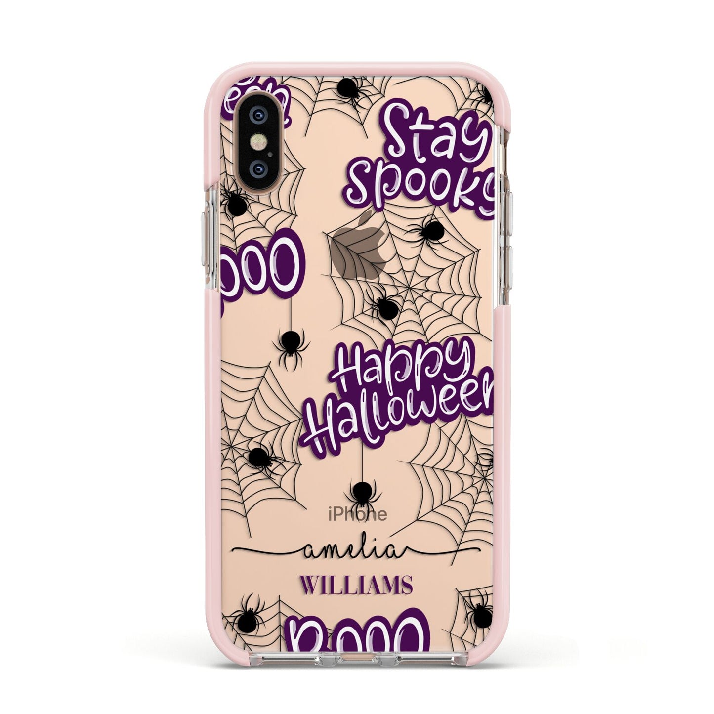 Purple Halloween Catchphrases Apple iPhone Xs Impact Case Pink Edge on Gold Phone