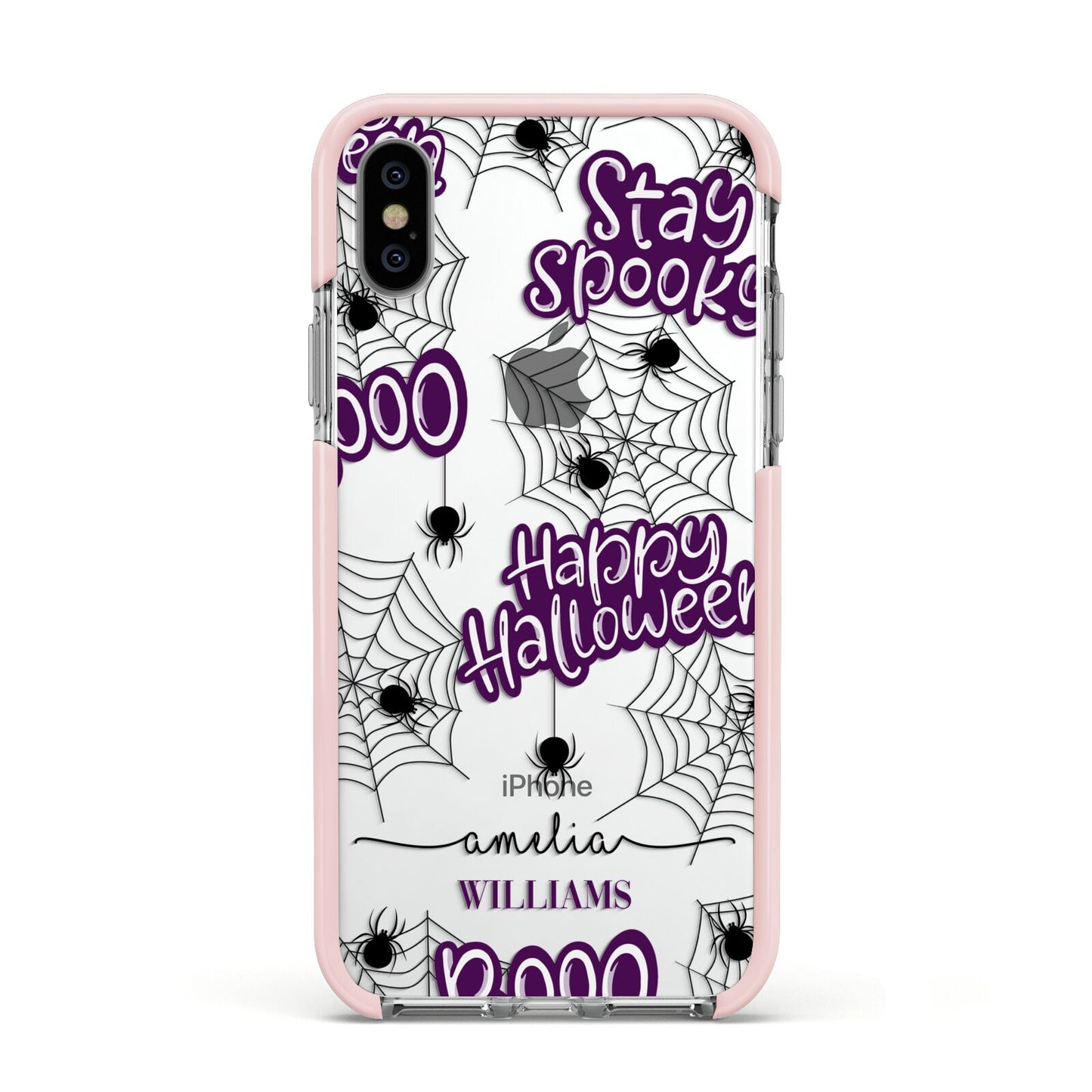 Purple Halloween Catchphrases Apple iPhone Xs Impact Case Pink Edge on Silver Phone