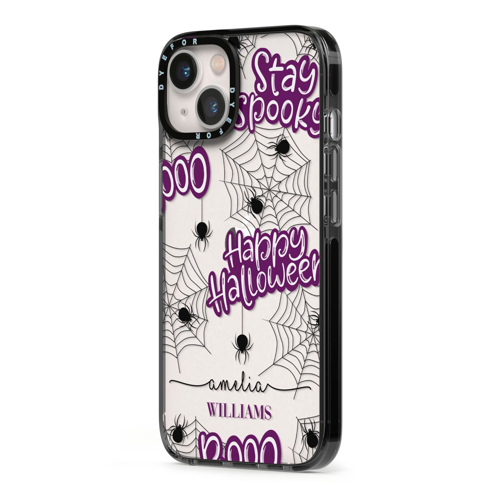 Purple Halloween Catchphrases iPhone 13 Black Impact Case Side Angle on Silver phone